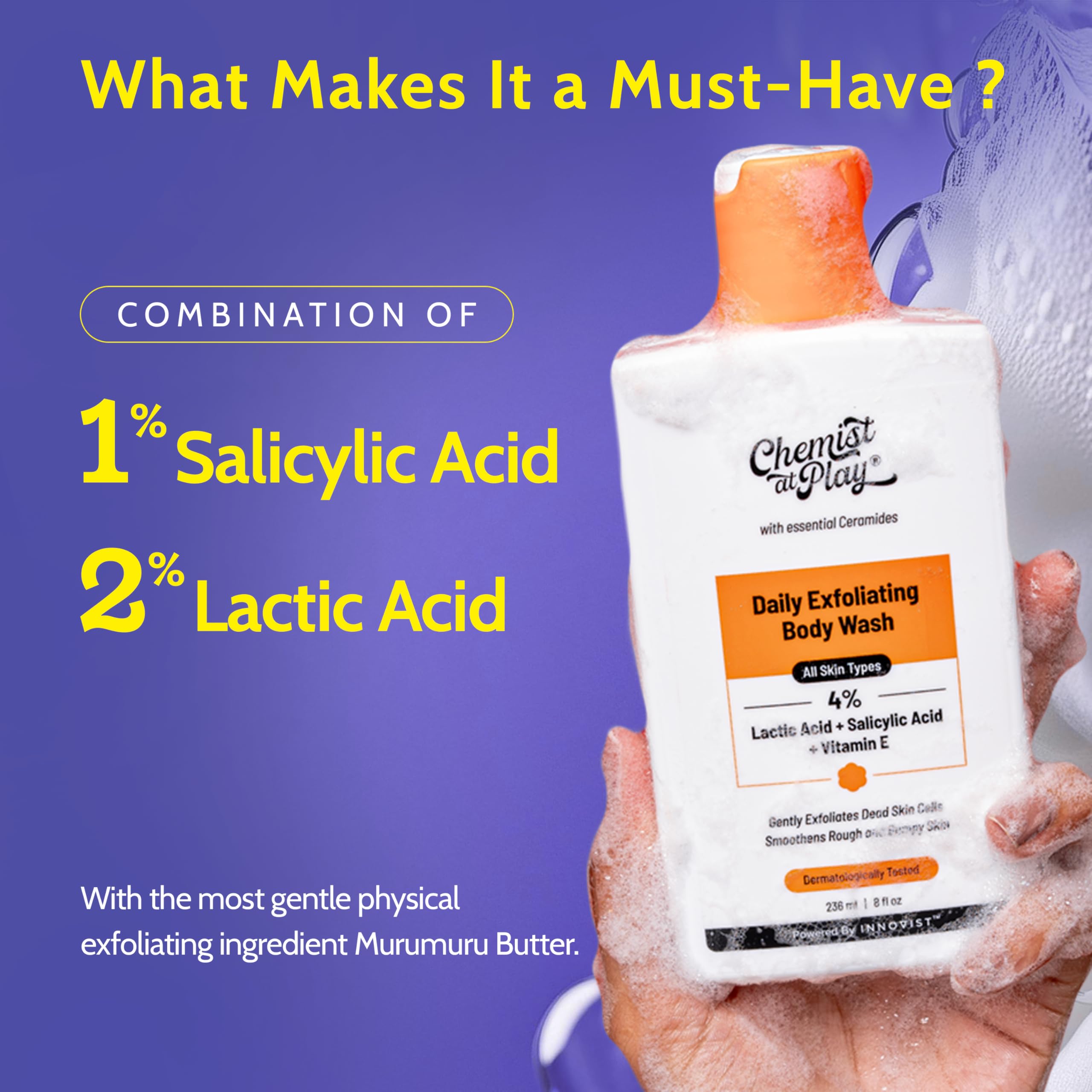 Chemist at Play Exfoliating Body Wash with salicylic and lactic acids, showing the bottle with product label and a foaming lather.