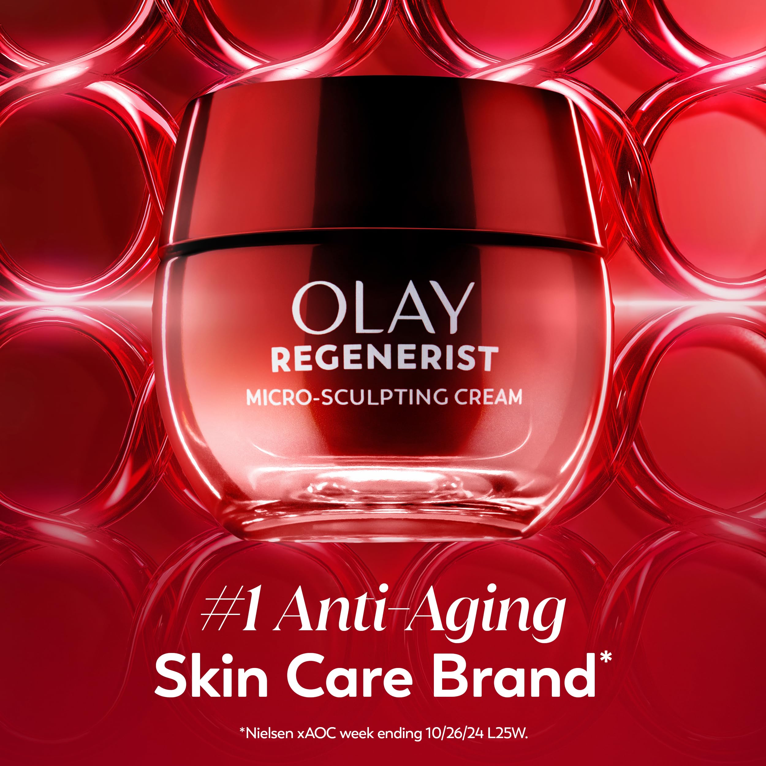 Olay Regenerist Micro-Sculpting Cream moisturizer jar with textured lid, designed for anti-aging, firming, and hydrating skin.
