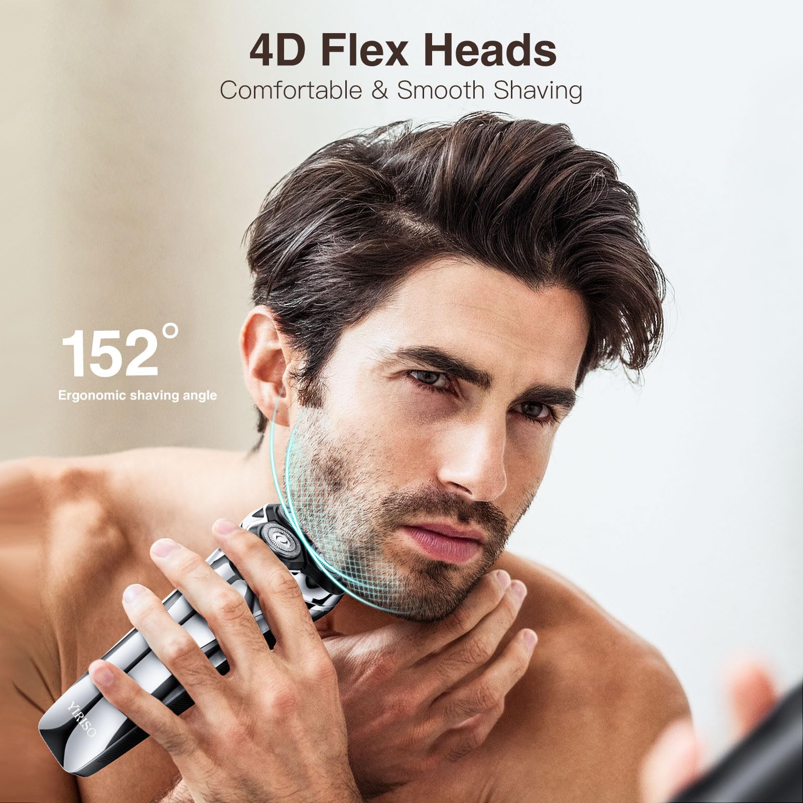 YIRISO electric shaver for men with rotary blades and 9000 RPM motor, designed for smooth, close shaving.