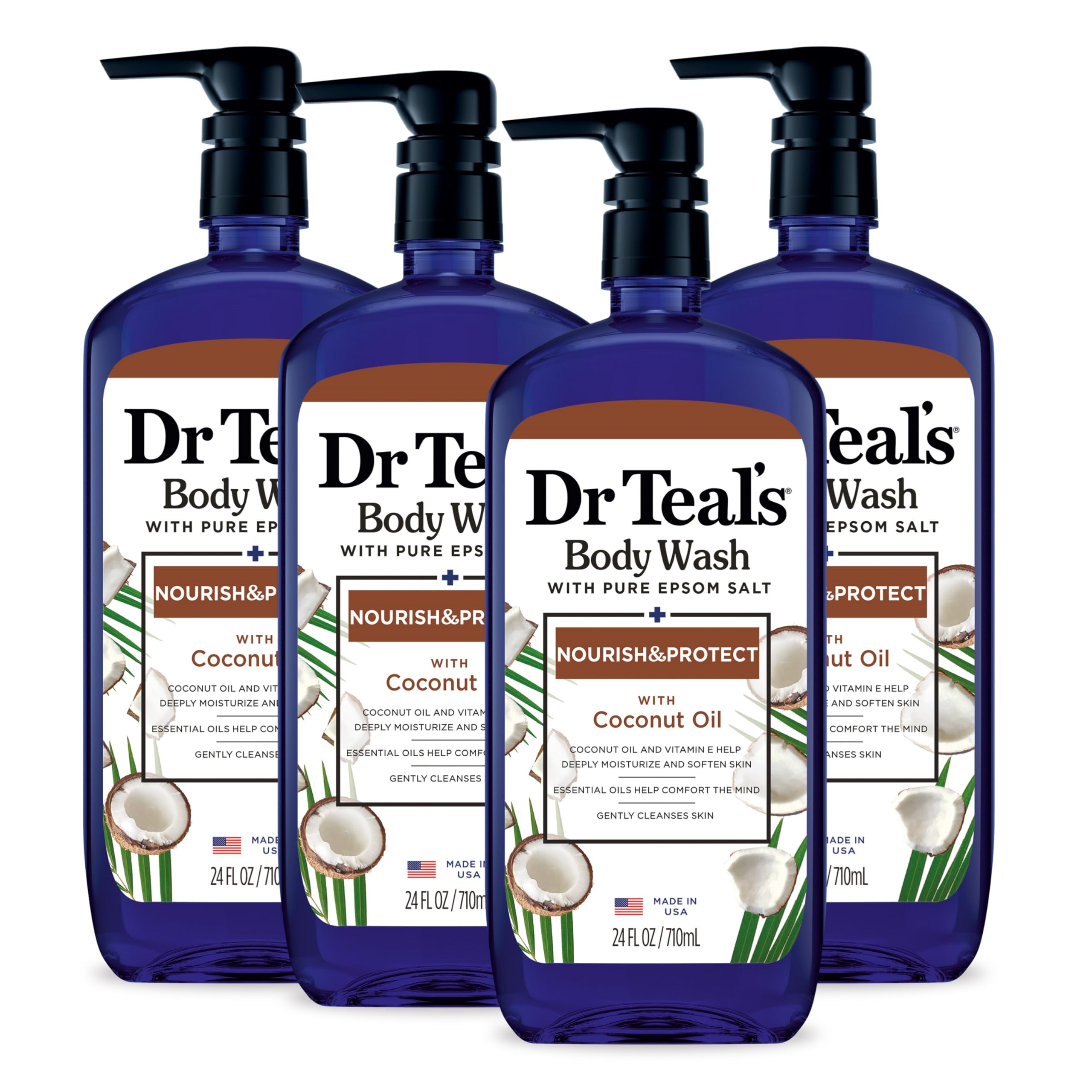 Dr Teal's body wash with pure Epsom salt and coconut oil in a 24 fl oz bottle, displayed in a pack of four, for skin cleansing.