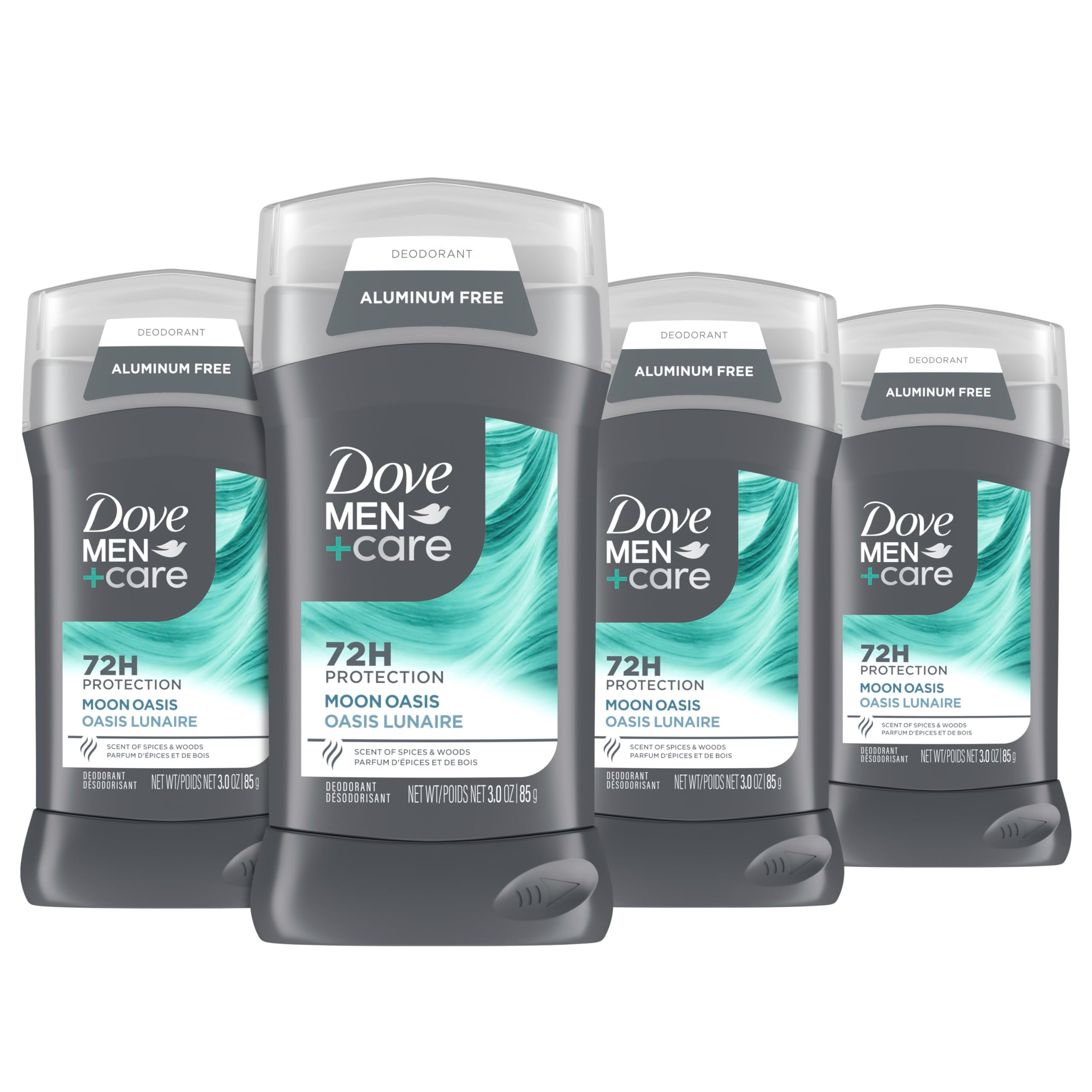 Dove Men+Care Moon Oasis aluminum-free deodorant 4-pack, body deodorant sticks with fresh scent and protective formula.