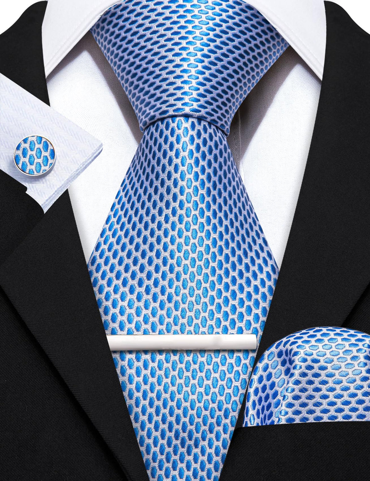 Barry.Wang 15PCS Mens Tie Sets Collection Gift Box Necktie Clips Hanky – Blue, 80% Silk+20% Polyester, Length (in) Width