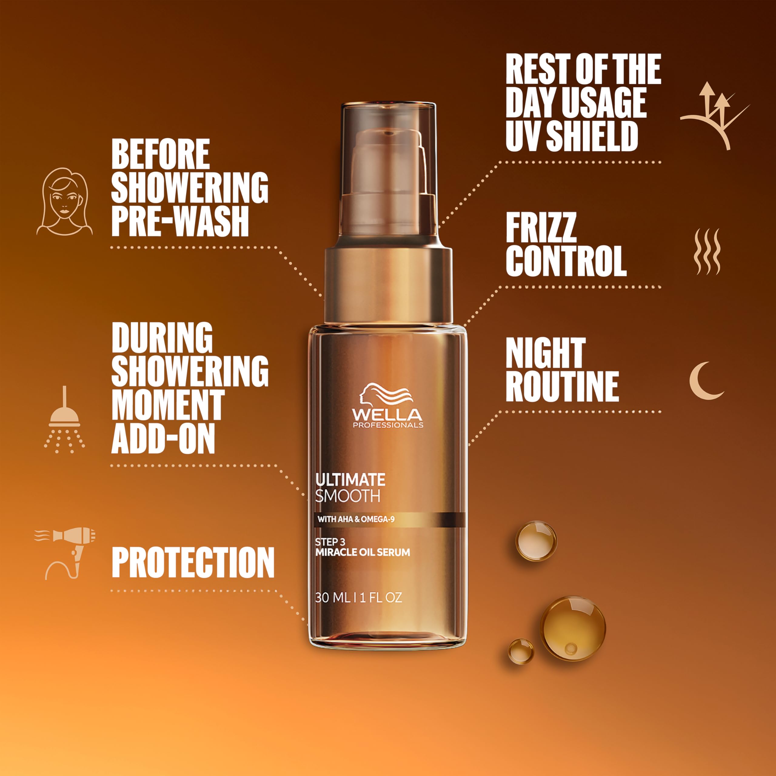 Wella Professionals Ultimate Smooth Miracle Oil Serum with squalane for sleek, shiny hair styling and smoothness.