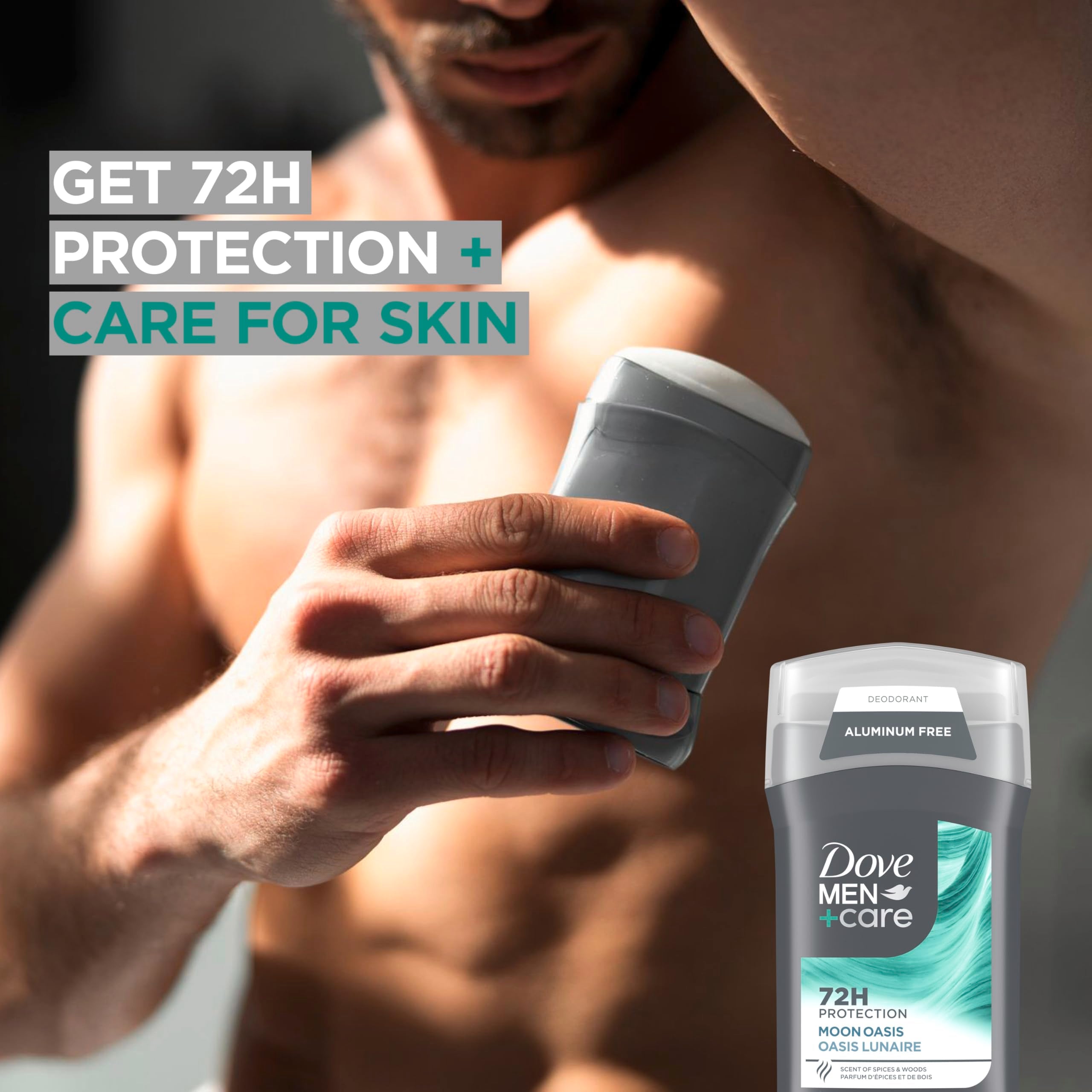 Dove Men+Care Moon Oasis aluminum-free deodorant 4-pack, featuring sleek stick containers with fresh scent labels.