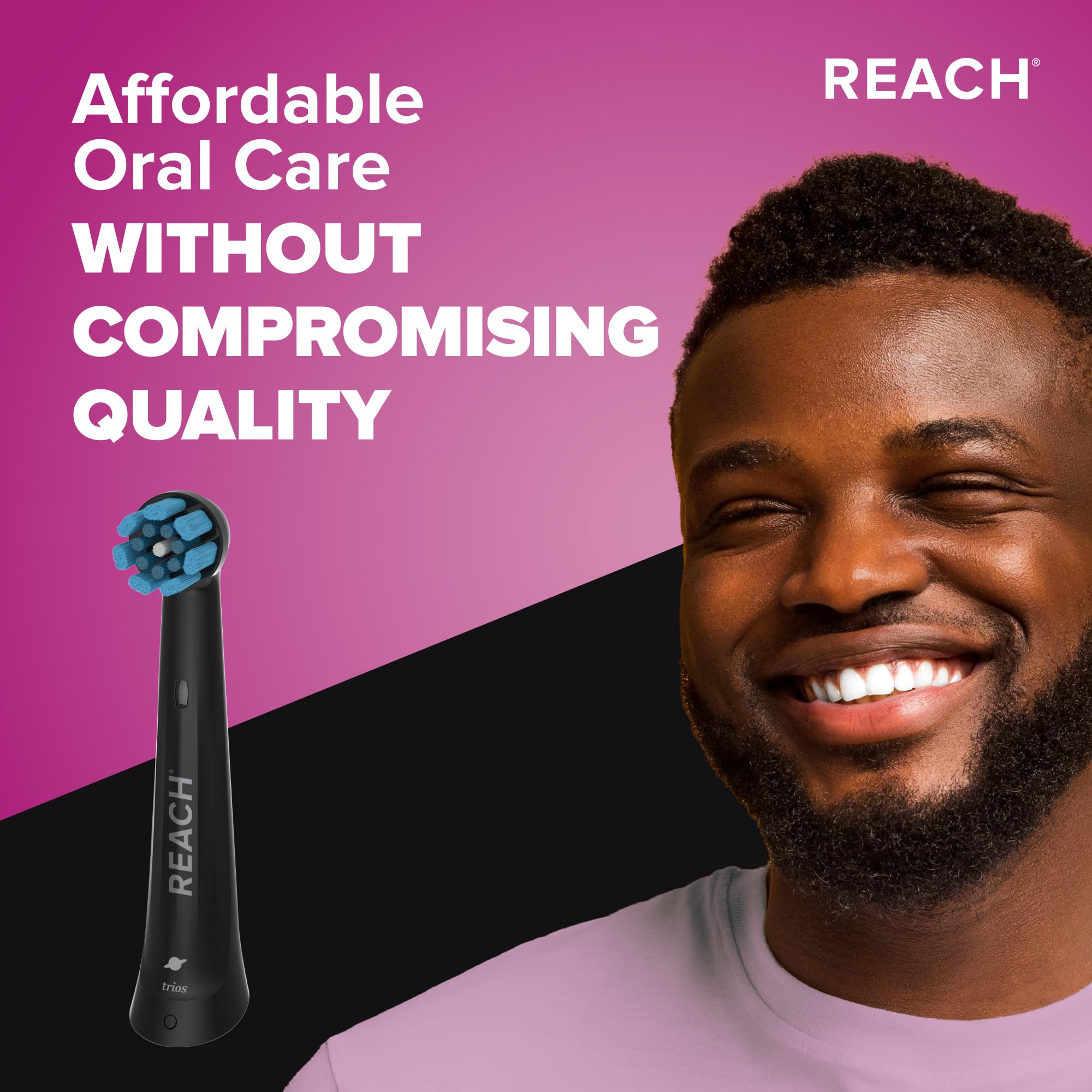 Reach Trios Sensitive replacement heads for Oral-B iO electric toothbrush, designed for gentle, effective cleaning of sensitive teeth.