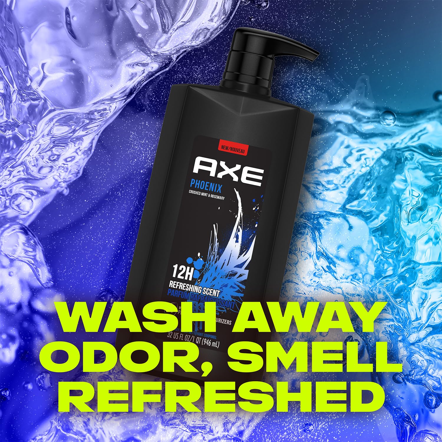 AXE men's body wash and shower gel, Phoenix scent, 3-pack with crushed mint and rosemary, 32 fl oz bottles, invigorating fragrance