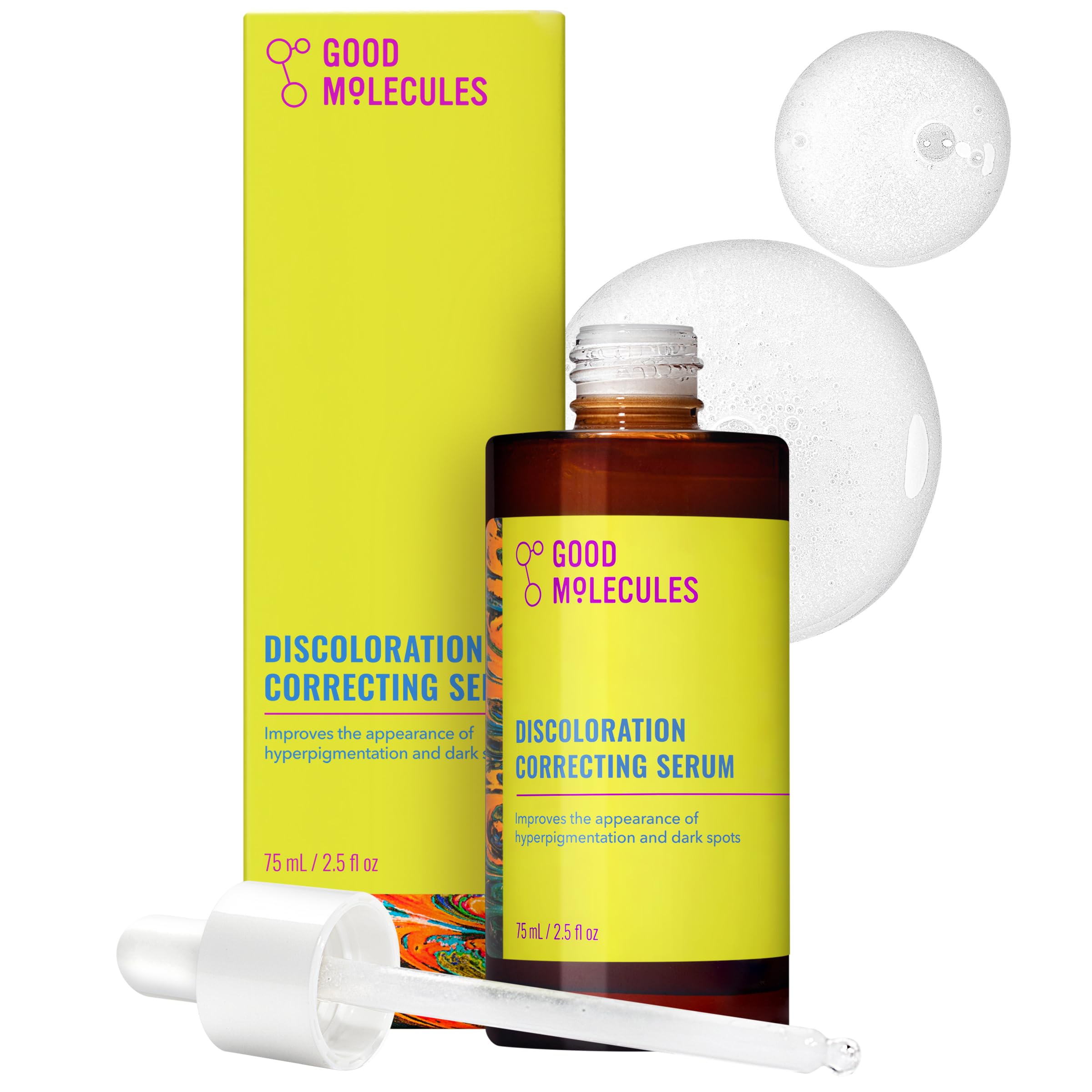 Good Molecules Discoloration Correcting Serum in a 2.5 fl oz bottle, designed to reduce dark spots and improve skin tone.