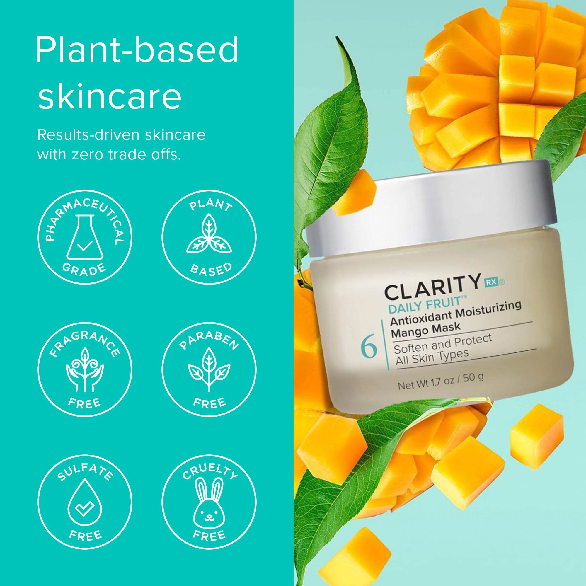 ClarityRx Daily Fruit Antioxidant Mango Face Mask in a jar, plant-based moisturizing anti-aging treatment for mature or dry skin.