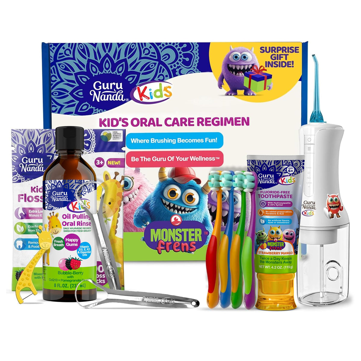 GuruNanda Kids Toothbrush Oil Pulling Mouthwash Floss - GuruNanda Official Imagery - 1