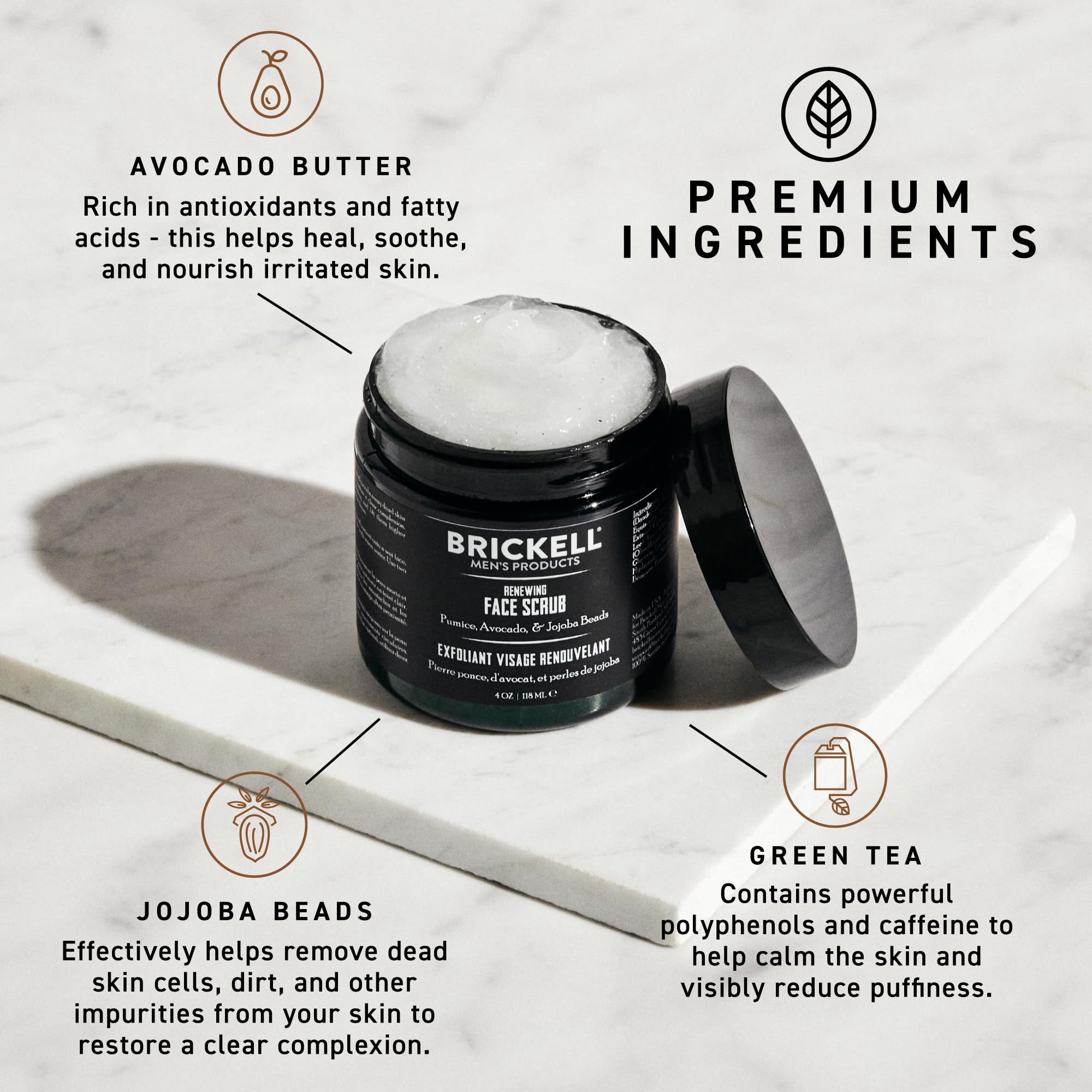 Brickell Men's renewing face scrub with pumice, caffeine, and jojoba beads for deep exfoliation, 4-ounce scented skin exfoliant.