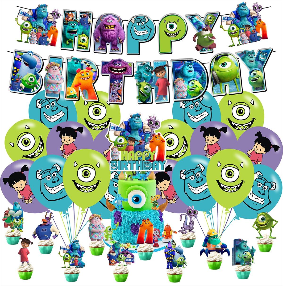 Kuailaihai Cartoon For Monster Party Supplies,Birthday Decorations Set Include Banner, Balloons, Hanging Swirls, Cake Cu