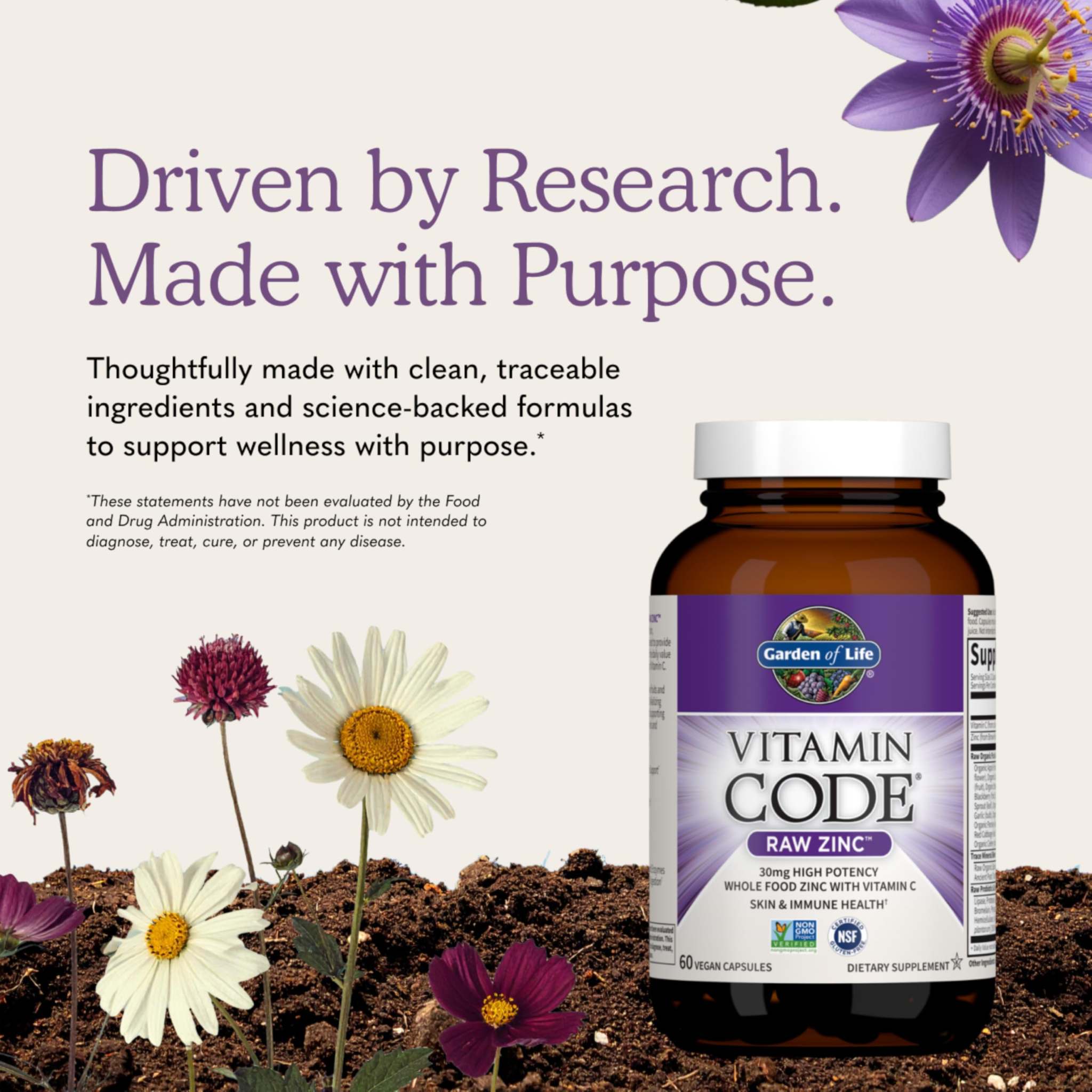 Garden of Life RAW Zinc 30mg and Vitamin C 60 vegan supplement capsules, showing the colorful vegan cap bottles.