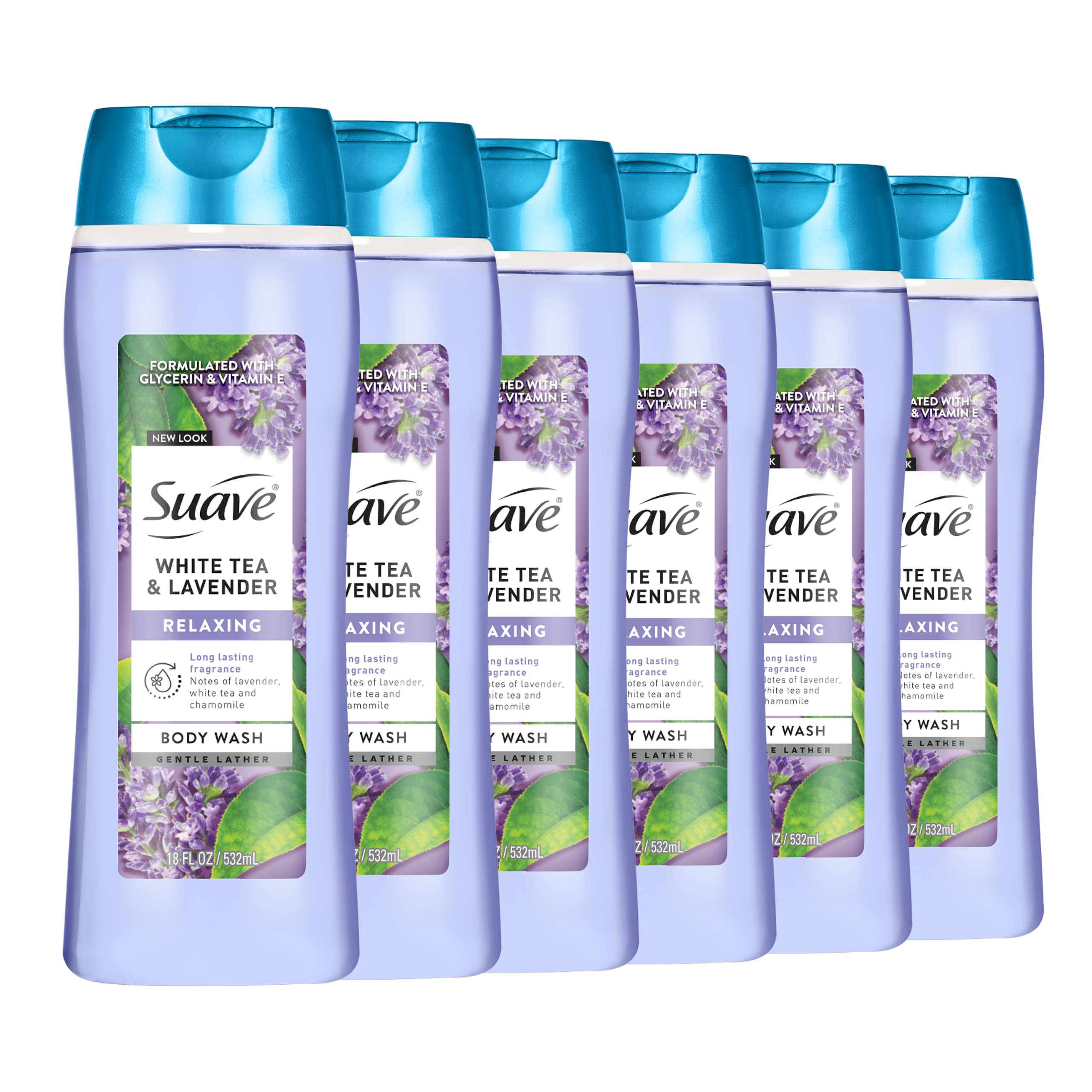 Suave Moisturizing Body Wash Women, White Tea and Lavender with Vitamin E and Aloe Extracts, No Parabens, No Phthalates, 18 Oz (Pack of 6)