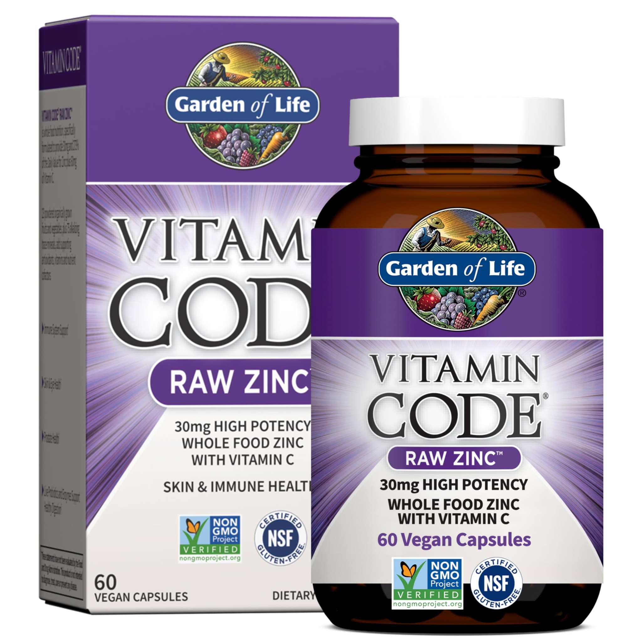Garden of Life RAW Zinc 30mg and Vitamin C vegan supplement bottles, dietary nutritional capsules in black bottles with white labels.