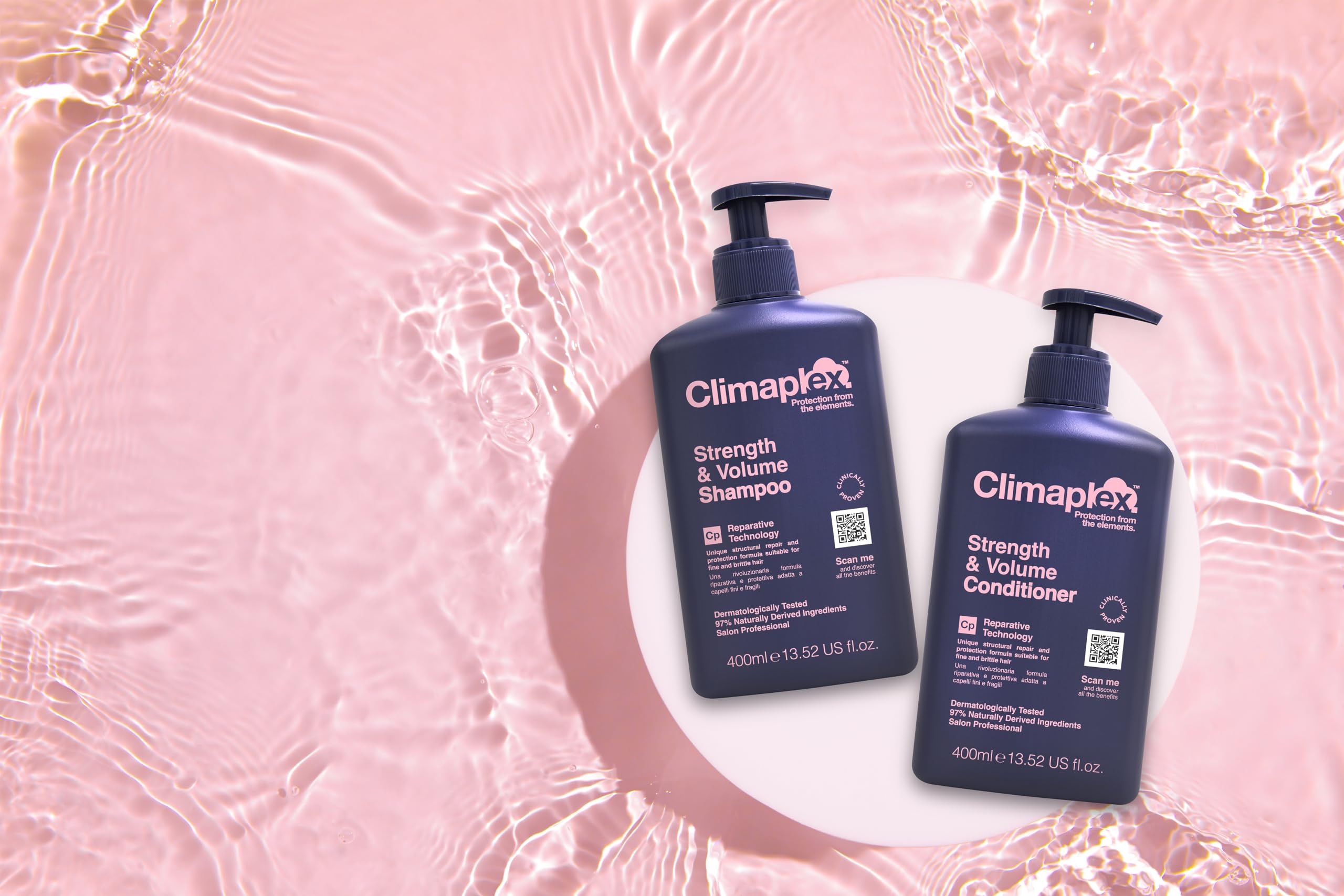 Climaplex Strength and Volume Shampoo and Conditioner set for thick, healthy hair, shown in bottles with vibrant labels.