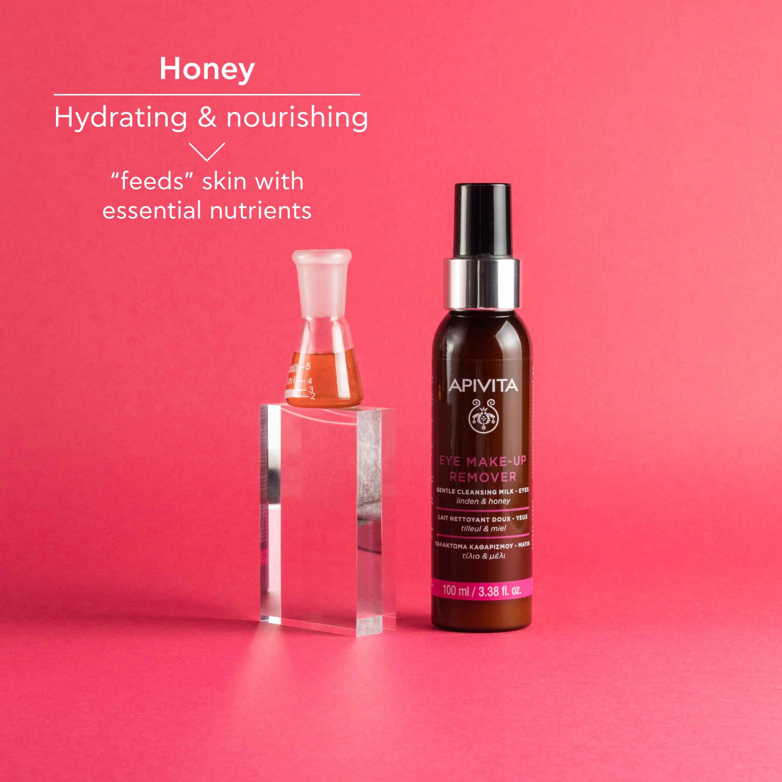 Apivita hydrating eye makeup remover with soothing linden and honey, gentle cleansing milk for sensitive skin.
