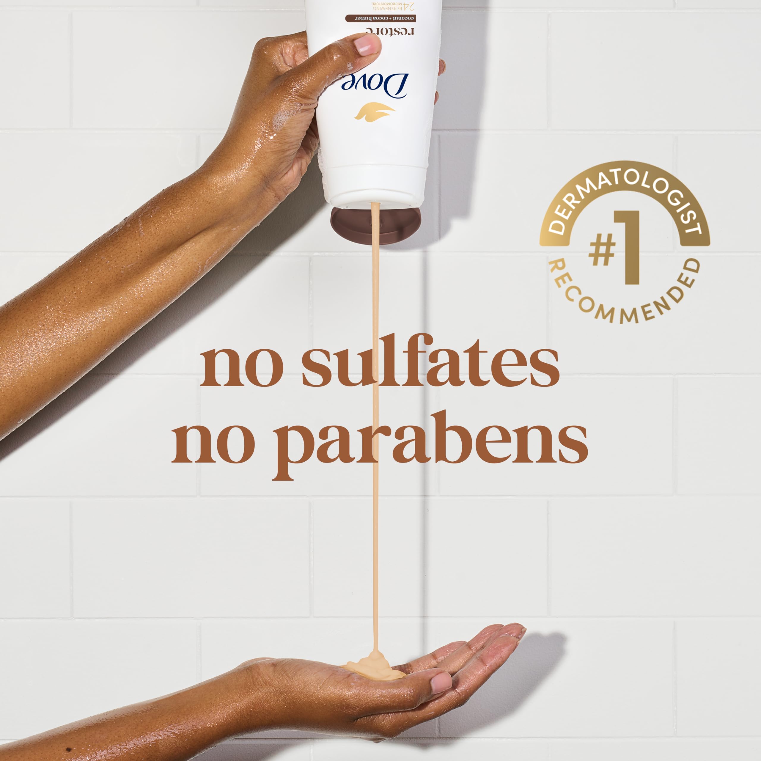 Dove Restoring Coconut and Cocoa Butter body wash bottles, moisturizing skin cleaning agent for smooth, refreshed skin.