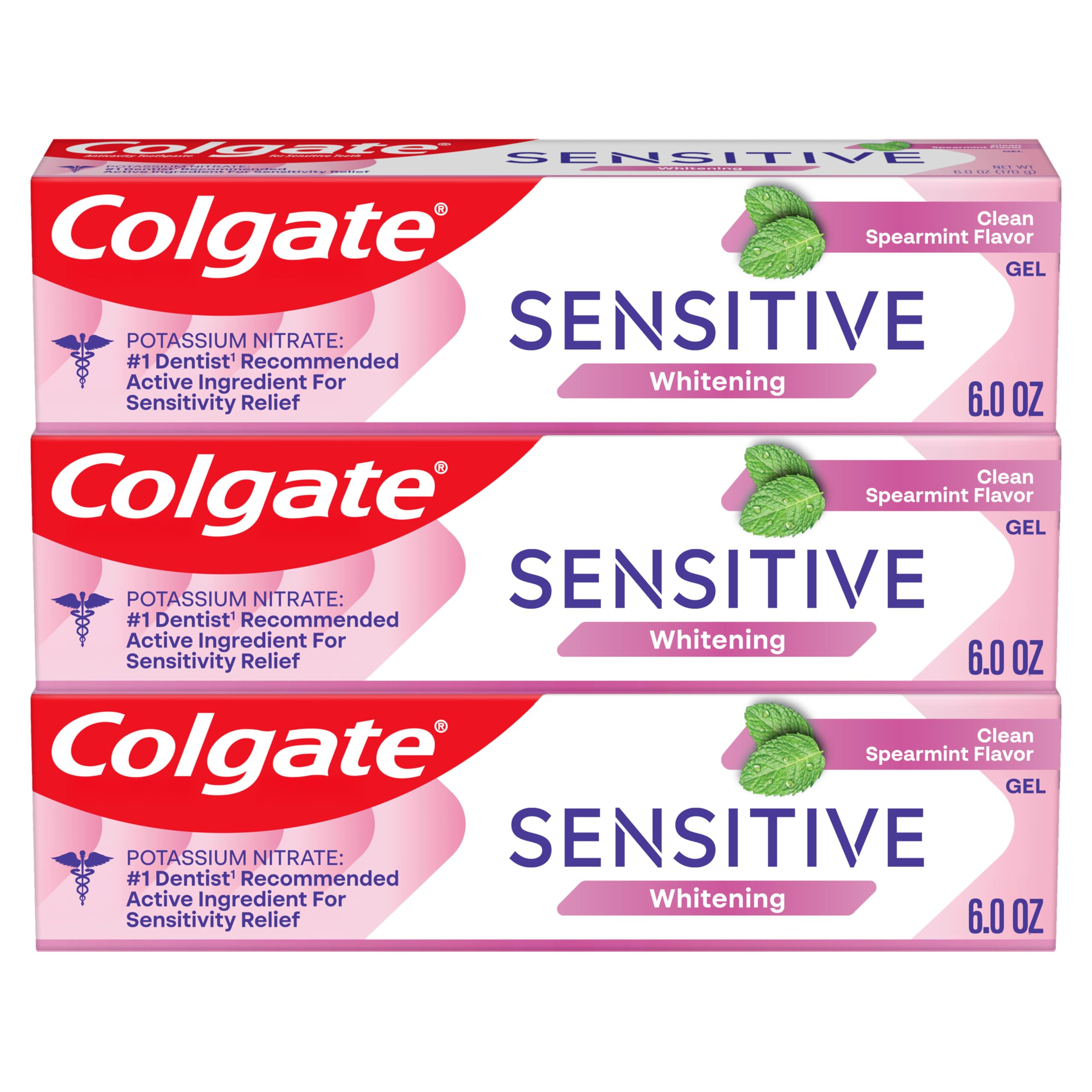 Colgate Whitening Sensitive Toothpaste Gel, Clean Spearmint, 3 Pack, 6 oz