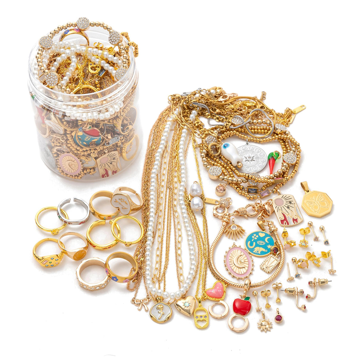 GYUCHIC Mystery Jewelry Jar, 60Pcs Gold & Sterling Silver Mystery Box, Dainty Necklace Earrings Rings Bracelets DIY Pend
