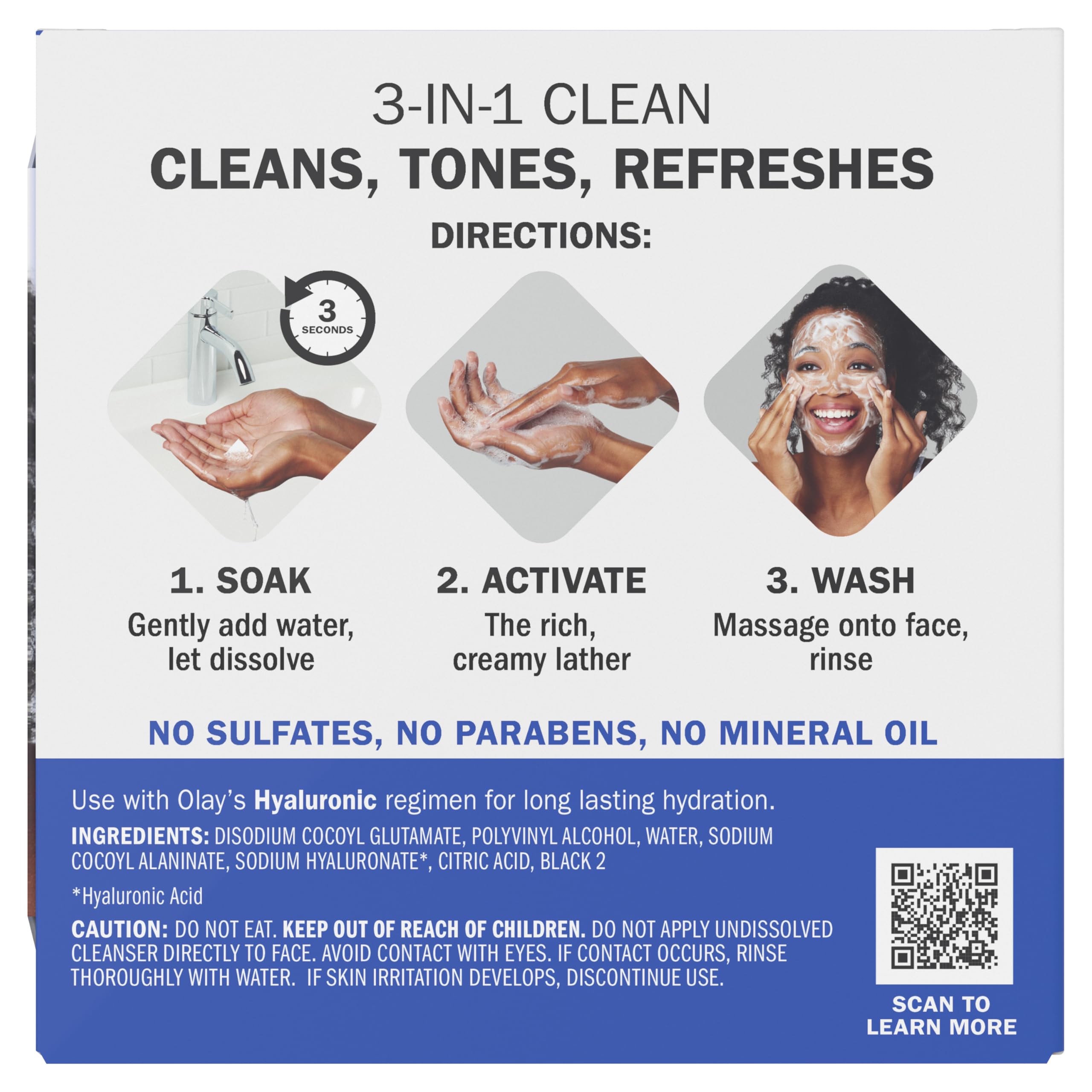 Olay Hyaluronic Acid Cleansing Melts in a 64-count value pack, skincare cleansing agent with hydrating hyaluronic acid.