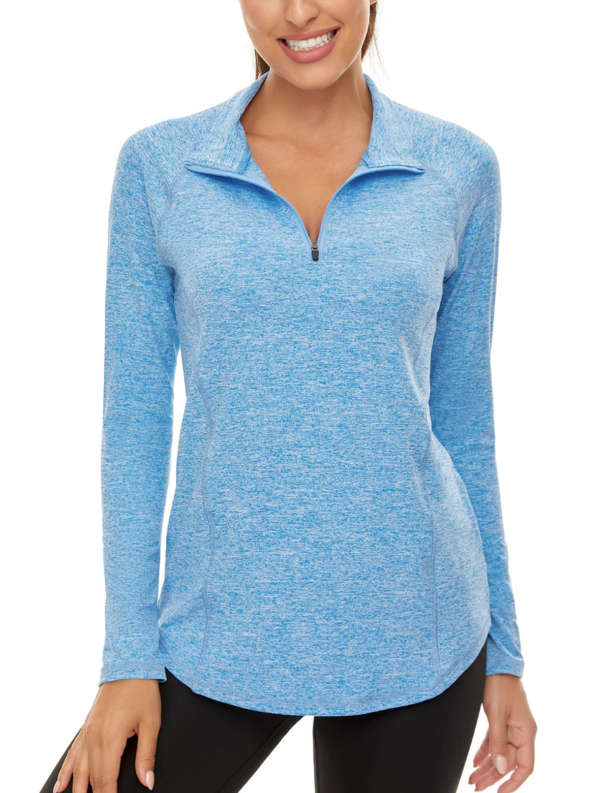 LURANEE Womens UPF 50+ Long Sleeve 1/4 Zip Pullover Athletic Hiking Running Workout Tops – Blue, Bust (in) Sleeve Length