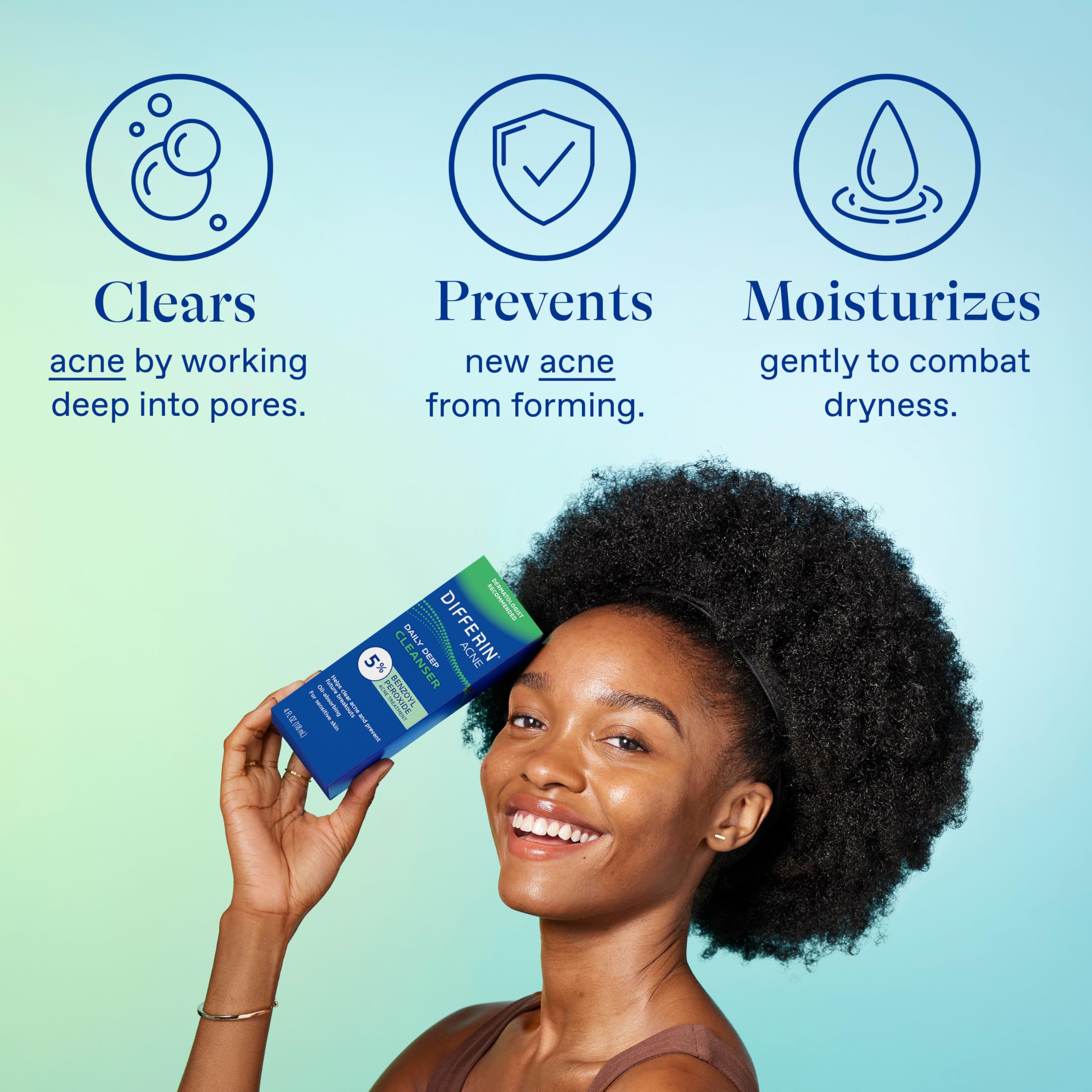 Differin Acne Face Wash with 5% Benzoyl Peroxide in a 4oz bottle, designed for daily facial cleansing and acne treatment.