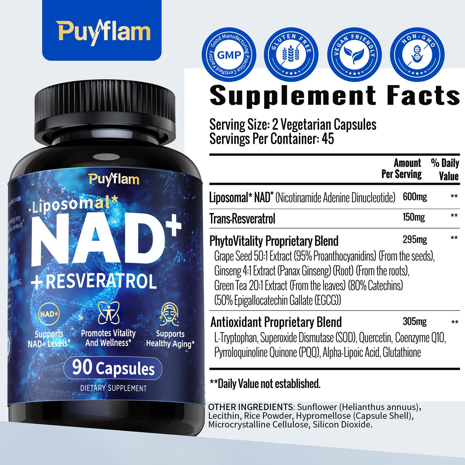 Puyflam 12-in-1 Liposomal NAD+ Supplement, 90 Caps