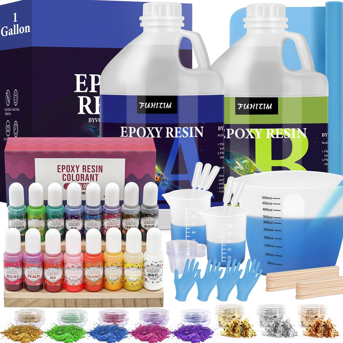 FUHITIM 1 Gallon Crystal Clear Epoxy Resin Kit, High-Glossy& No Bubbles, Art & Casting Resin with 16 Epoxy Resin Pigment