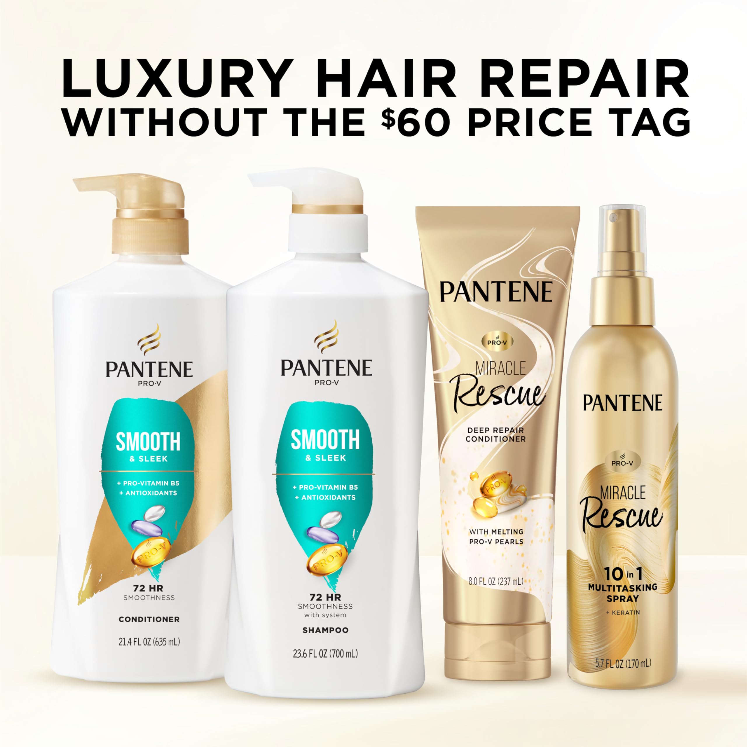 Pantene Smooth & Sleek shampoo and conditioner set in 52.8 oz bottles, designed for silky, manageable hair.