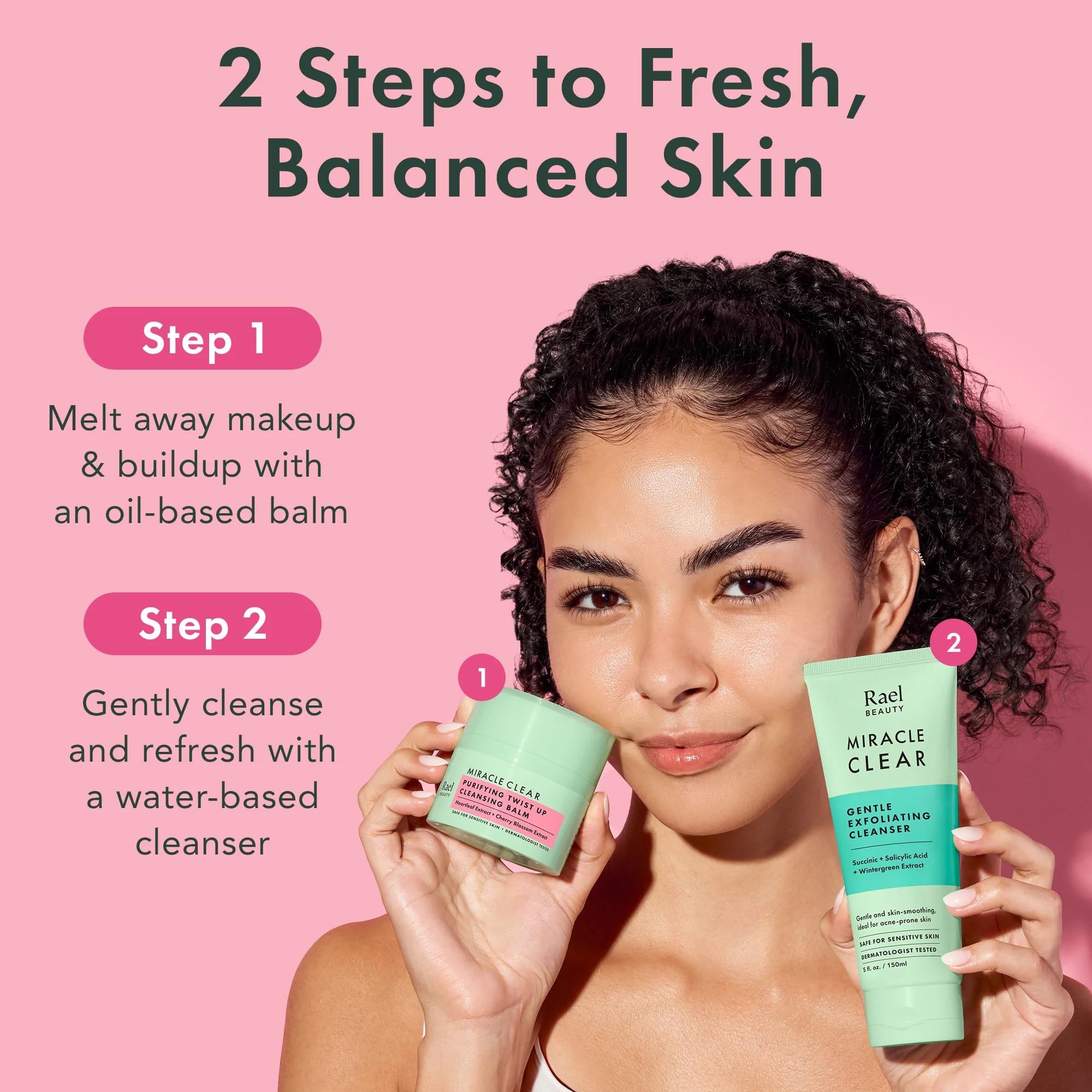 Rael Miracle Clear Facial Cleanser face wash in a 1.69 oz cleansing balm, showing the product container and packaging.