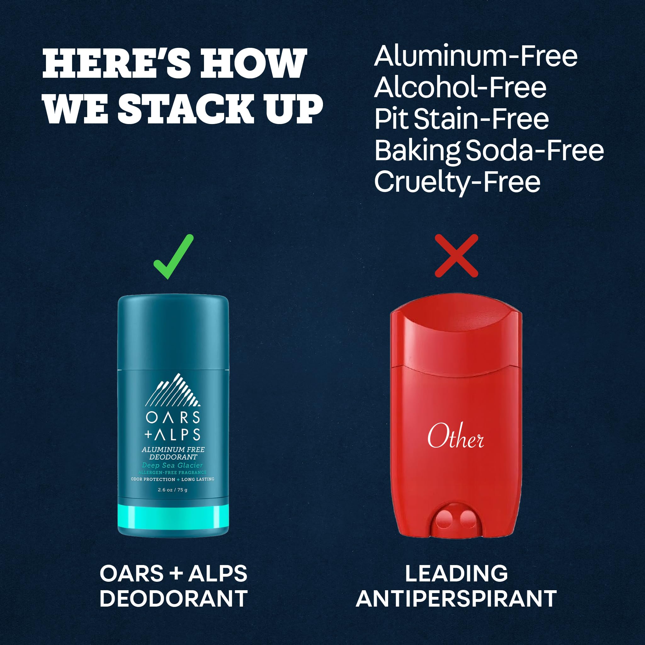 Oars + Alps aluminum-free men's deodorant clear sticks, 2-pack, 2.6oz each, shown in their packaging with clear branding.