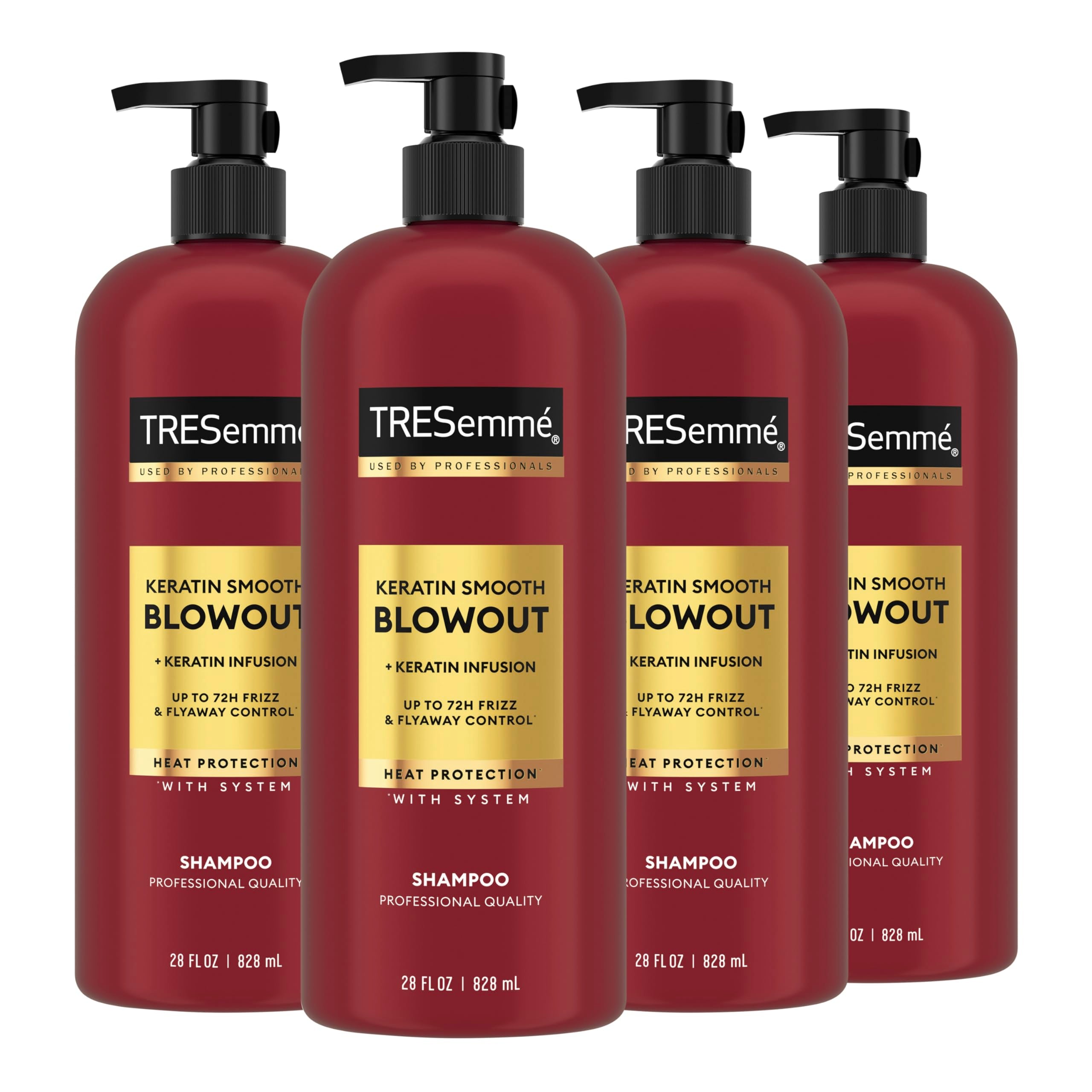 TRESemmé Keratin Smooth Hydrating Shampoo for dry hair, 28 oz bottles, four-pack, showing the shampoo bottles with labels.