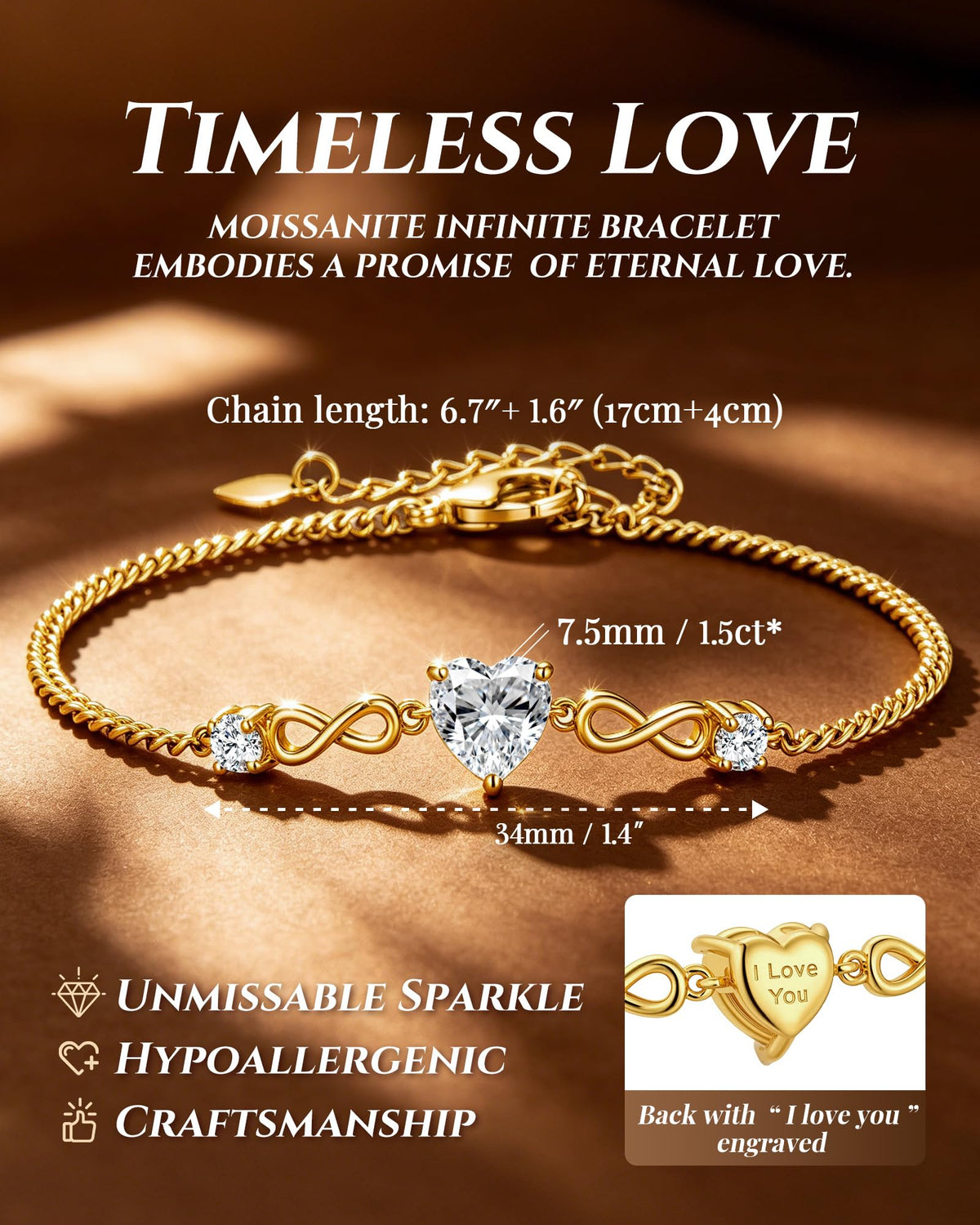 CDE Engraved I Love You Heart Moissanite Bracelets Jewelry Gifts for Women – packaging and label