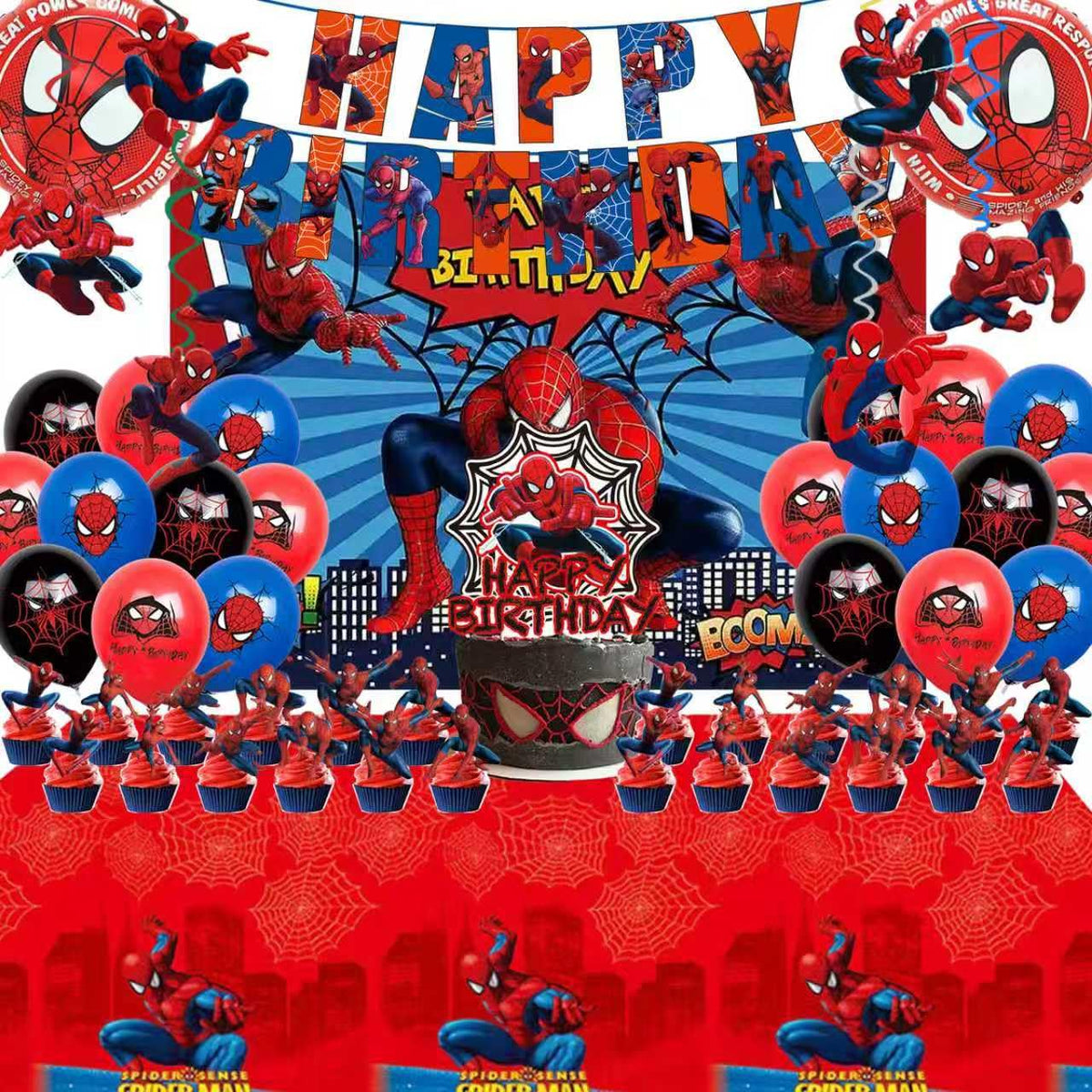 TOCKFIT 51PCS spidey birthday party supplies, backdrop, "Happy Birthday" banner,tablecloth, large aluminum ballo