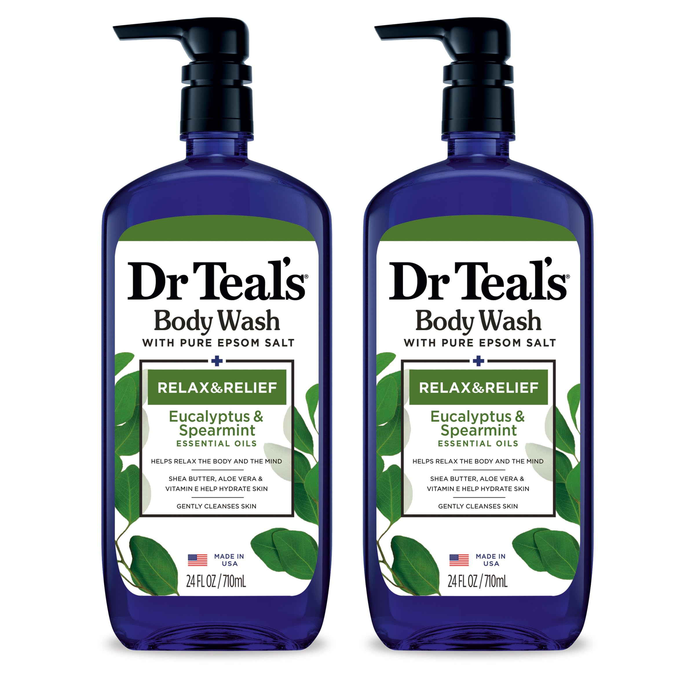 Dr Teal's Eucalyptus & Spearmint body wash in a 24 fl oz bottle, shown in a pack of two, with fresh green and minty elements.