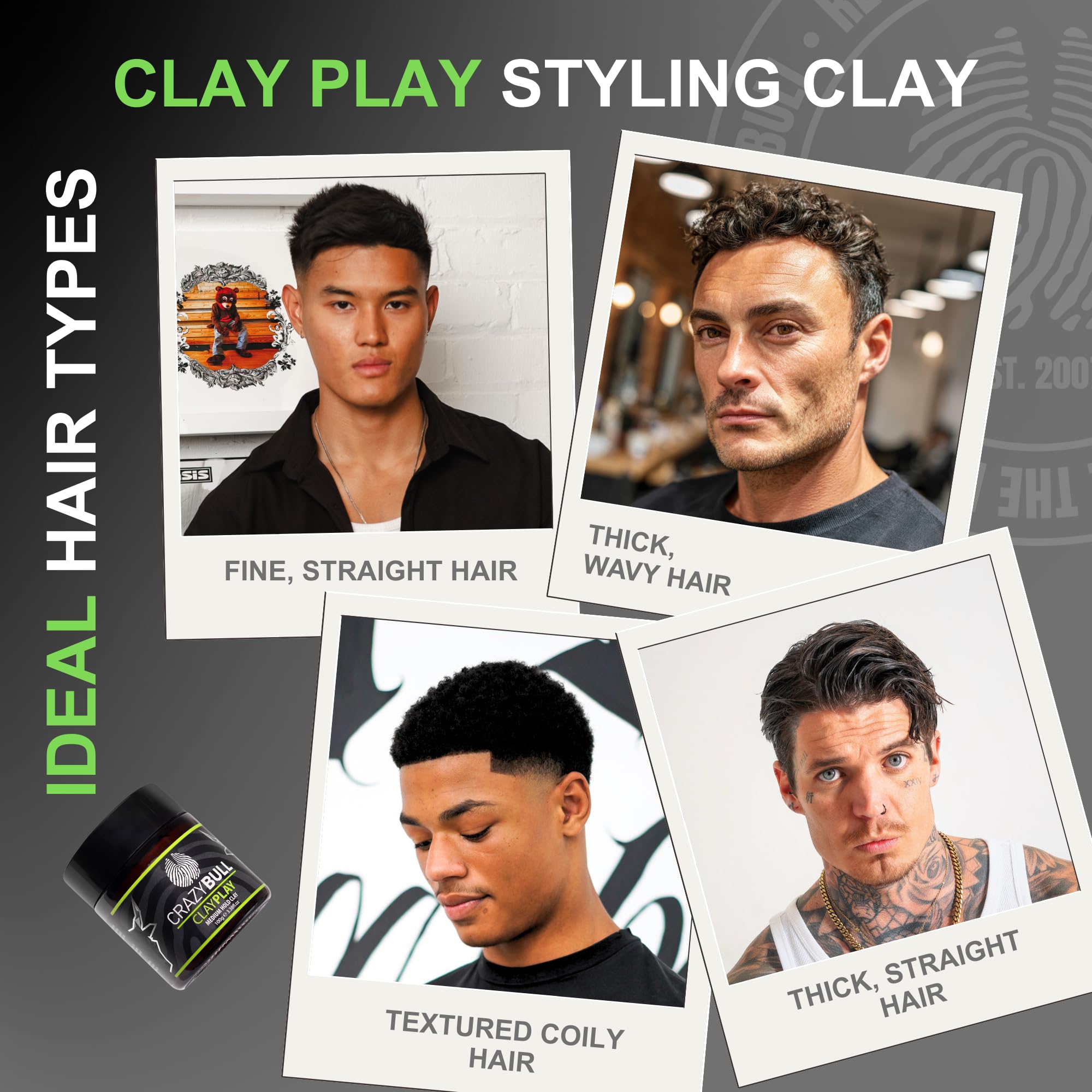 Crazy Bull Hair Play medium hold clay with volcanic ash bentonite, vegan-friendly hair styling product for men, 3.38 oz container