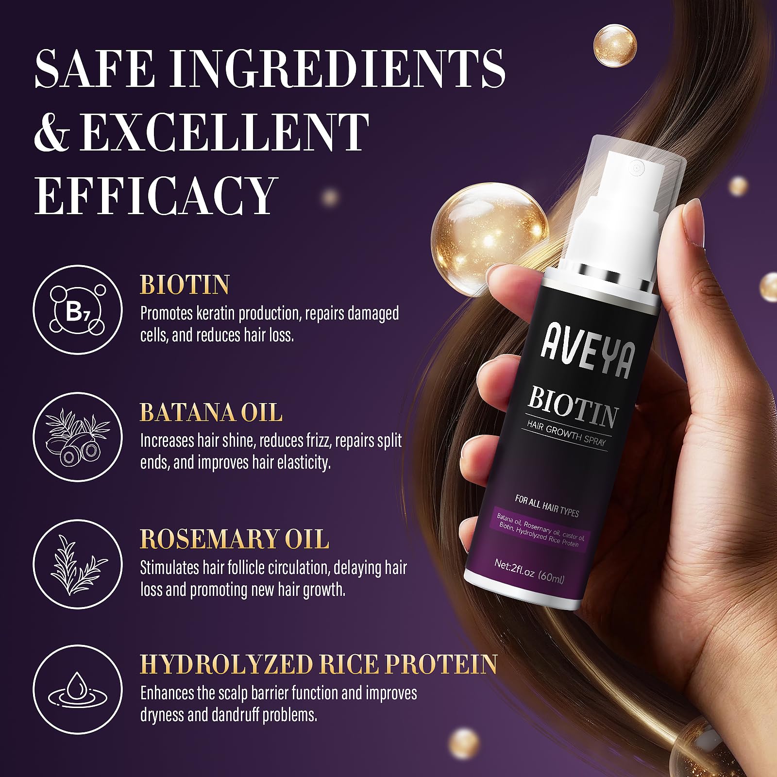 AVEYA Hair Growth Spray with rosemary oil and biotin, a non-greasy treatment to strengthen, thicken, and promote scalp health.