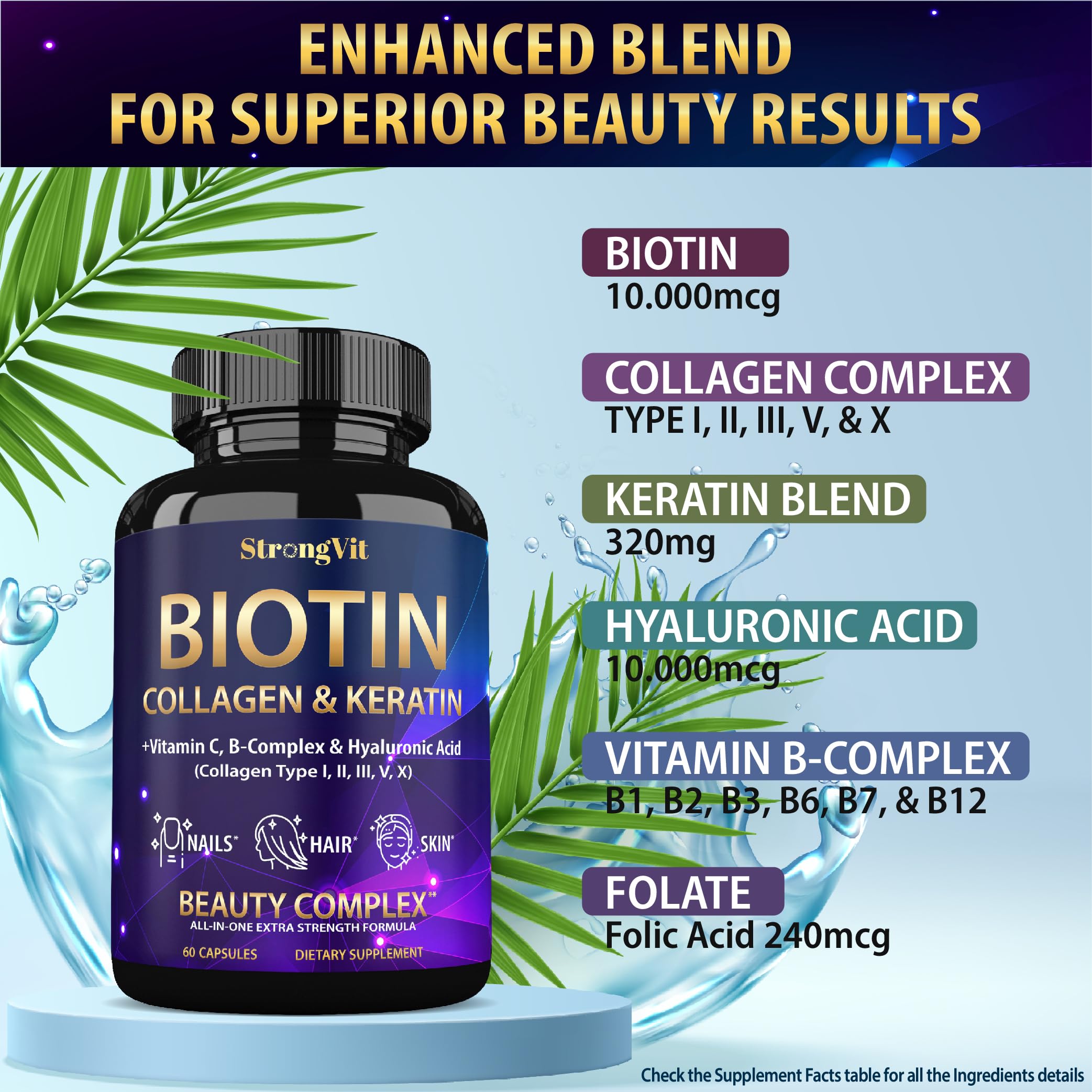 StrongVit Biotin with Hyaluronic Acid, Keratin and Collagen Supplements - 10000mcg for Hair Growth Women and Men - Hair Skin and Nails Vitamins - 60 Capsules