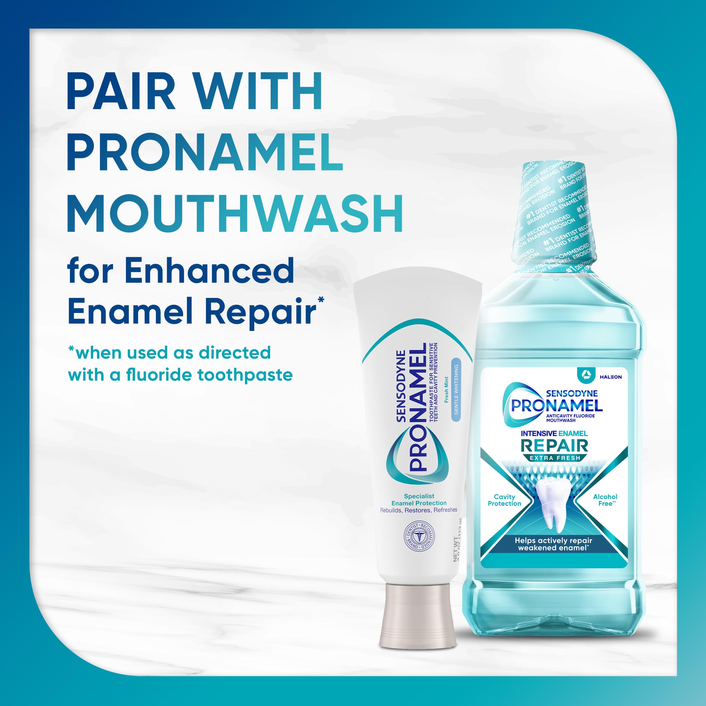Sensodyne Pronamel Gentle Whitening toothpaste 4-pack with blue and white tubes, designed for sensitive teeth and enamel protection.