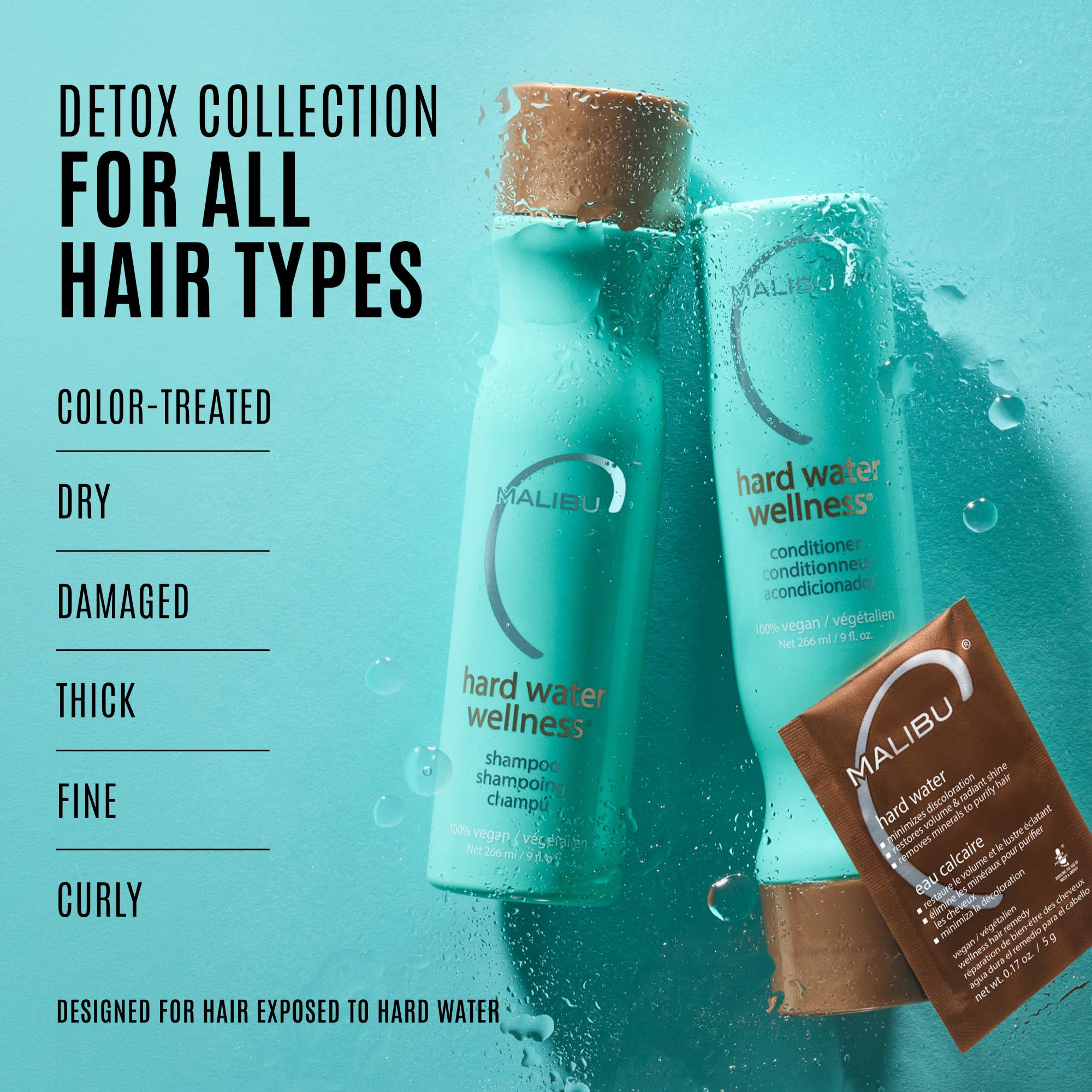 Malibu C Hard Water Wellness Conditioner packet for hydrating hair, removing deposits and impurities in hard water hair care set.