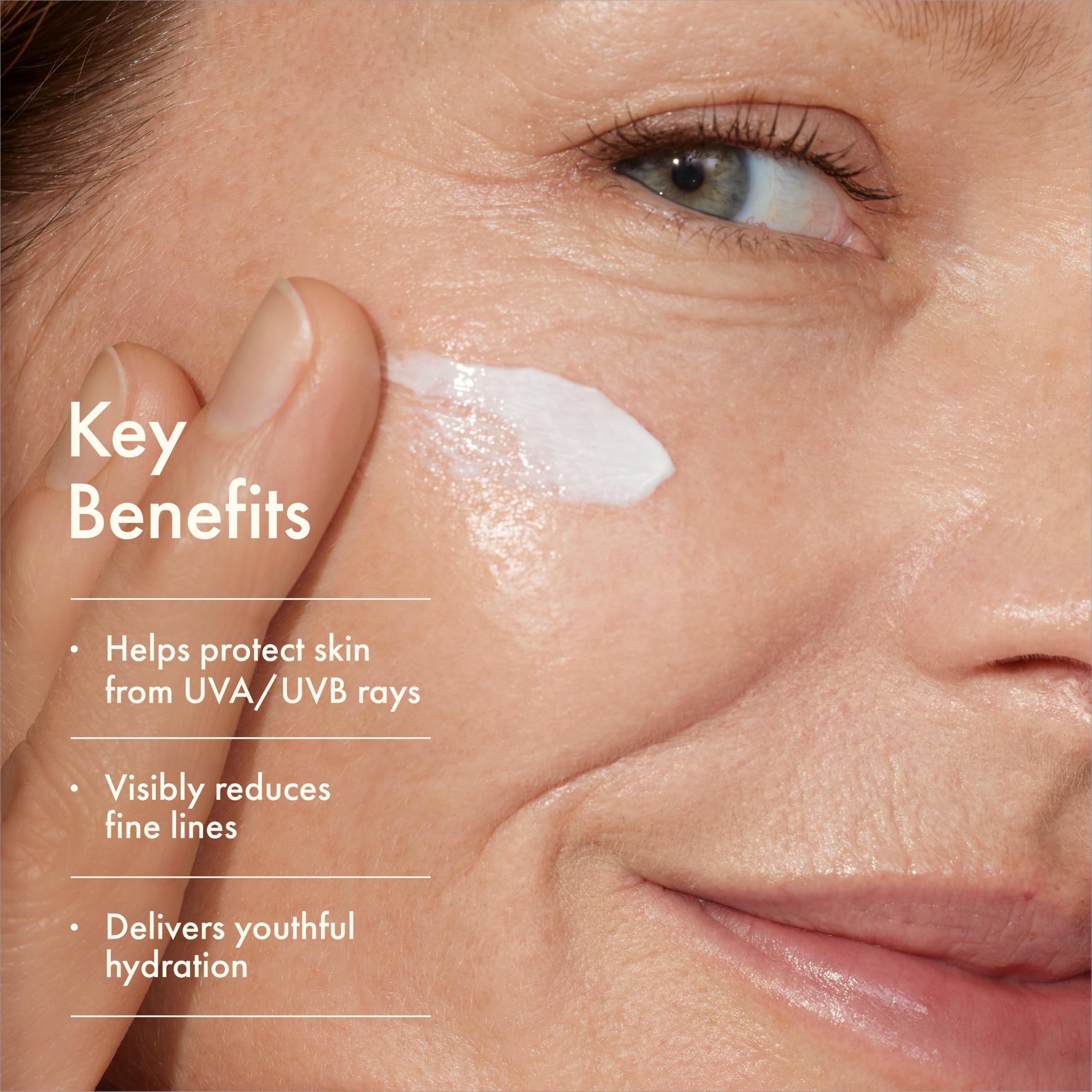 Origins Plantscription SPF 25 anti-aging face moisturizer with peptides and hyaluronic acid, showing smooth, hydrated skin.