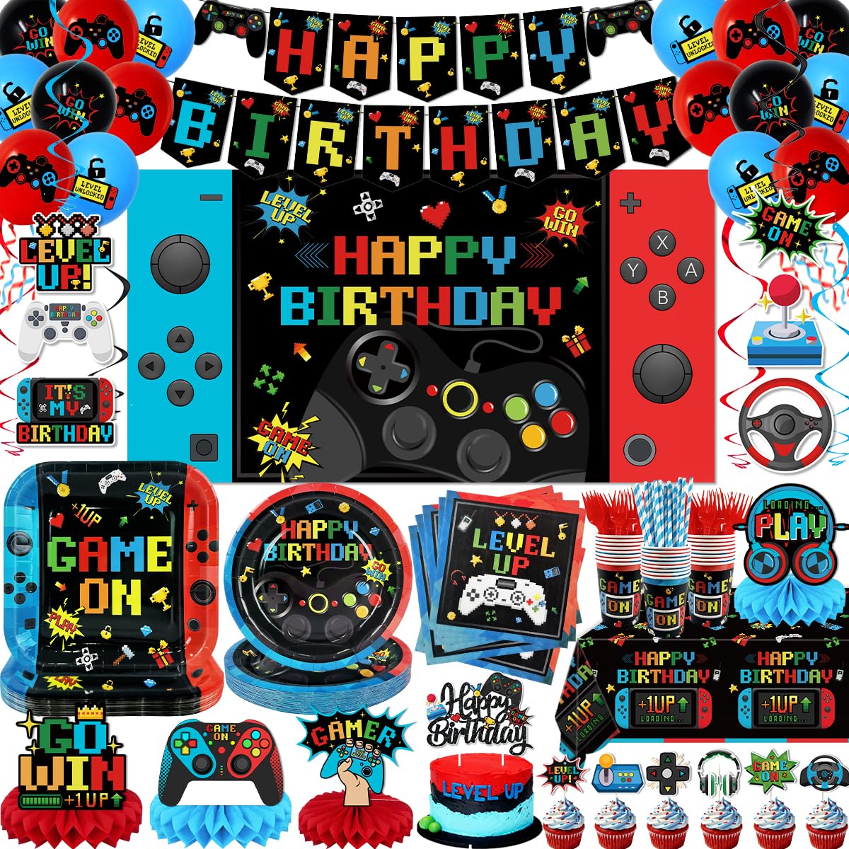 suonengongyi Gamer Birthday Party Decorations 206PCS Video Game Birthday Decorations – Black, Paper