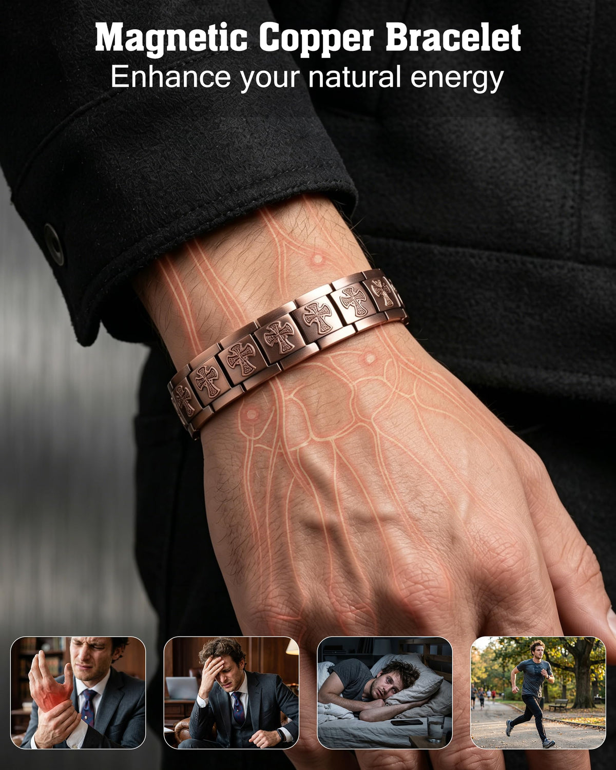 Trinckle Copper Magnetic Bracelet for Men with 5X Strength 5000Gauss Magnet – close-up detail in Rose Copper Black Coppe