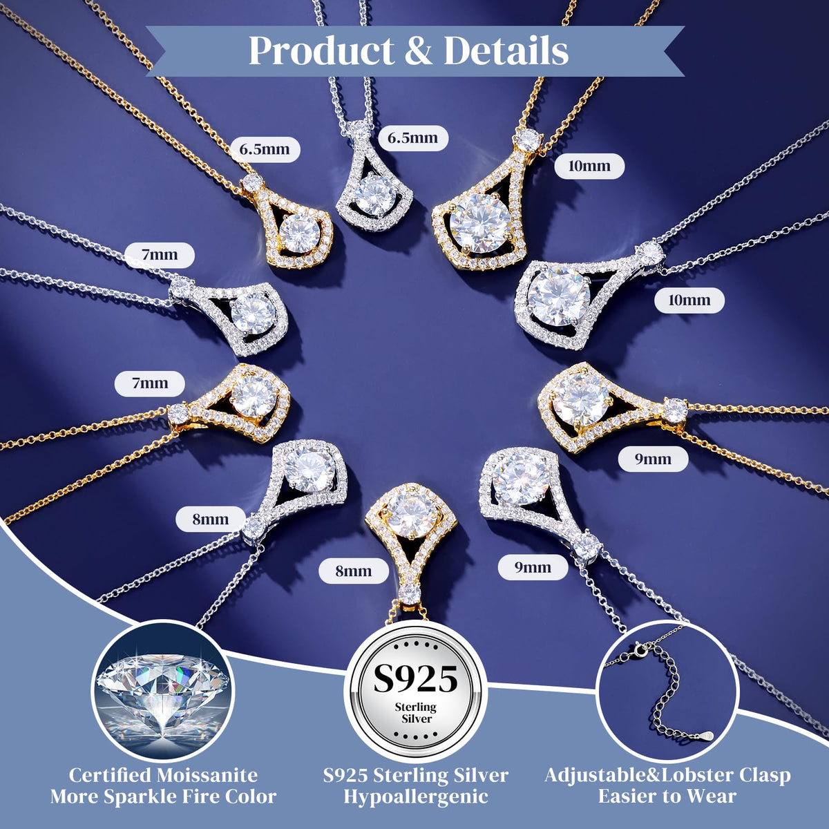E-EMERMAKING Moissanite Necklace Pendant Gift for Women, 925 Sterling Silver 18K Yellow Gold Vermeil Hypoallergenic 1.0-