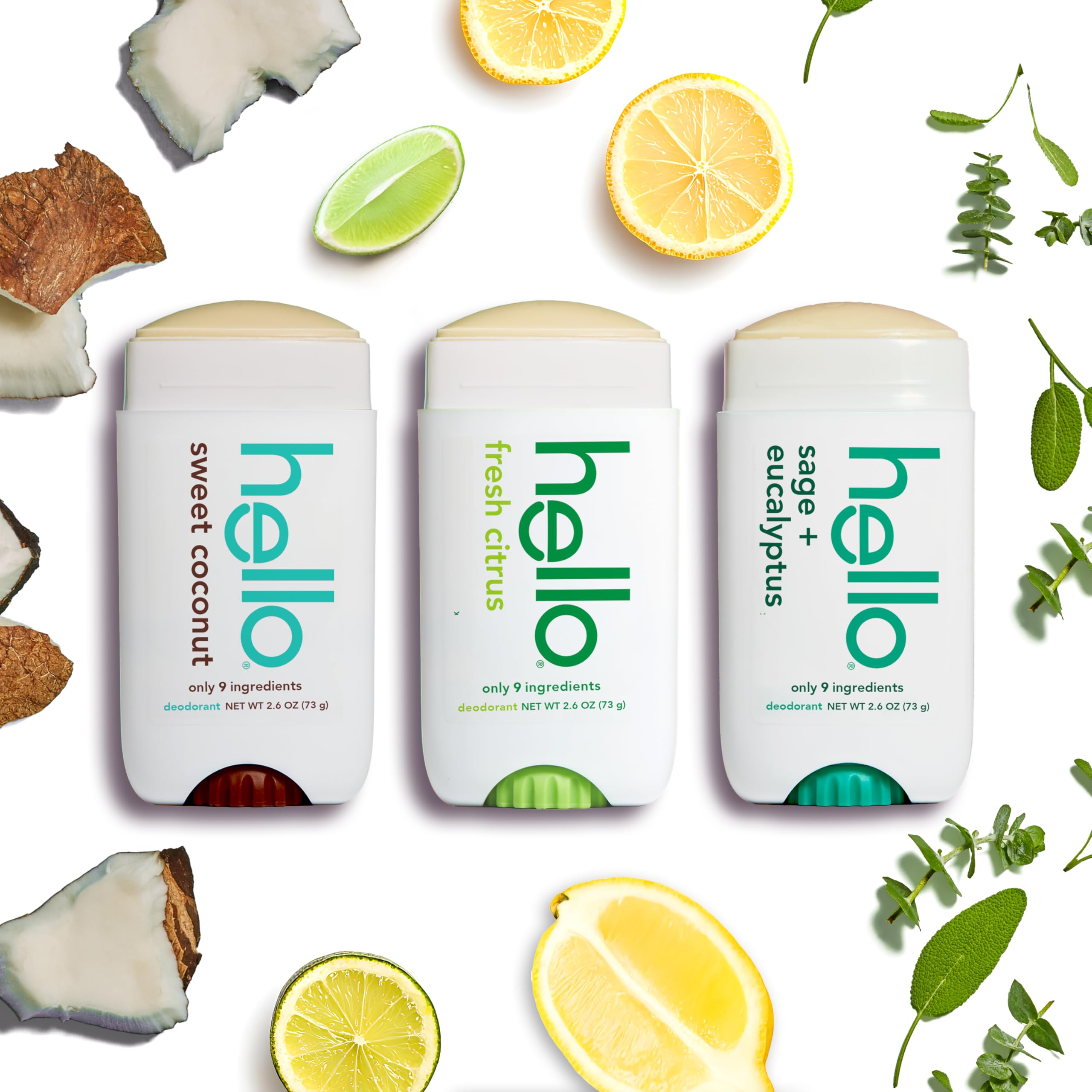 hello Aluminum Free Deodorant Variety 3-Pack, 2.6 oz each, natural body deodorants in sleek packaging, suitable for sensitive skin