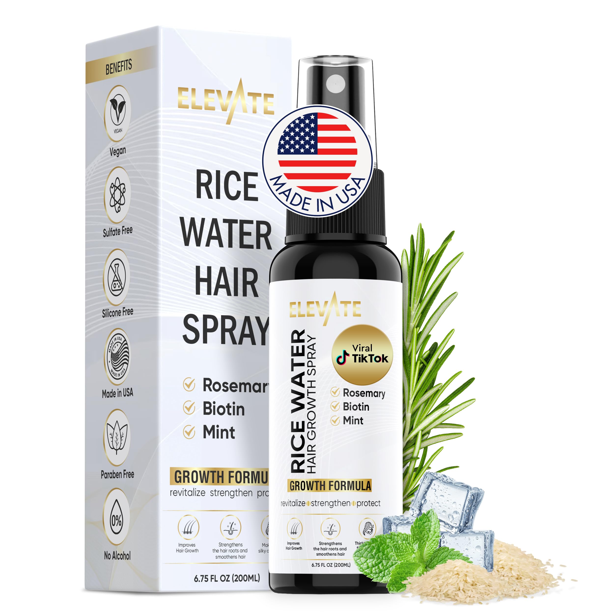 Elevate rice water hair growth spray with rosemary, biotin, and fermented rice water for stronger, thicker, healthy hair.
