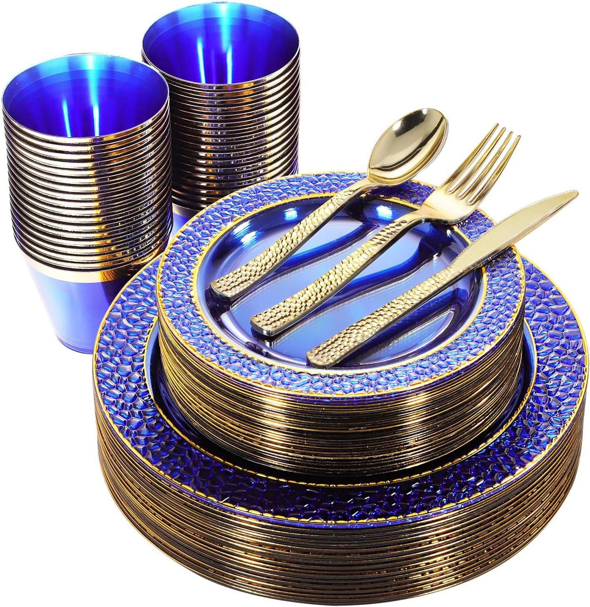 Nervure 150PCS Clear Blue Plastic Plates with Gold Hammered Silverware Set – product photo (Plates)