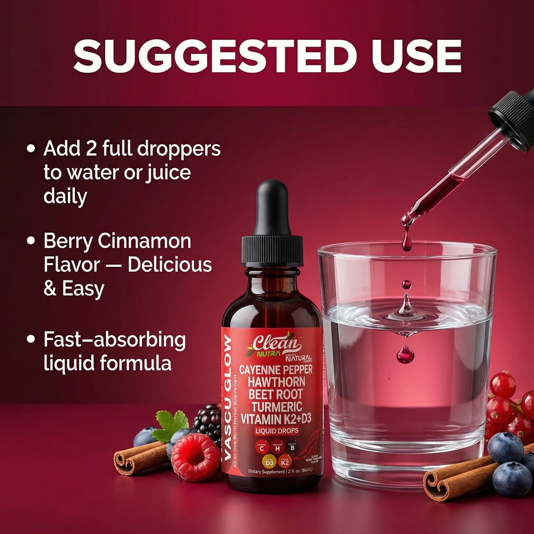 Clean Nutra Cayenne Pepper Drops herbal supplement bottle from Clean Nutraceuticals, featuring cayenne pepper drops for vascular health.