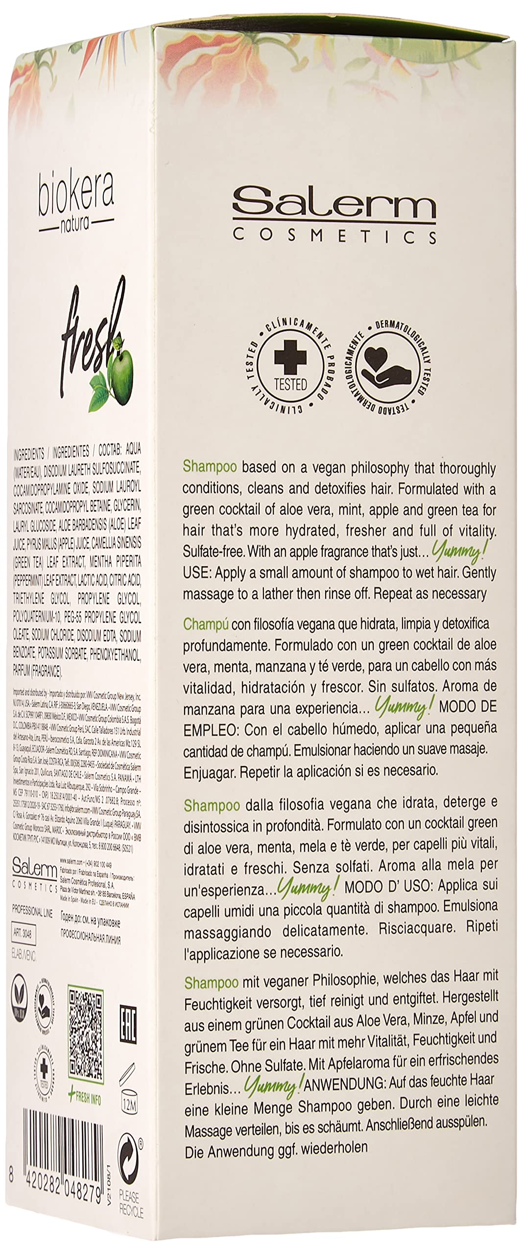 Salerm Biokera Green Shot Shampoo for unisex, 10.8 oz bottle with green label and pump dispenser, focused on the product front.