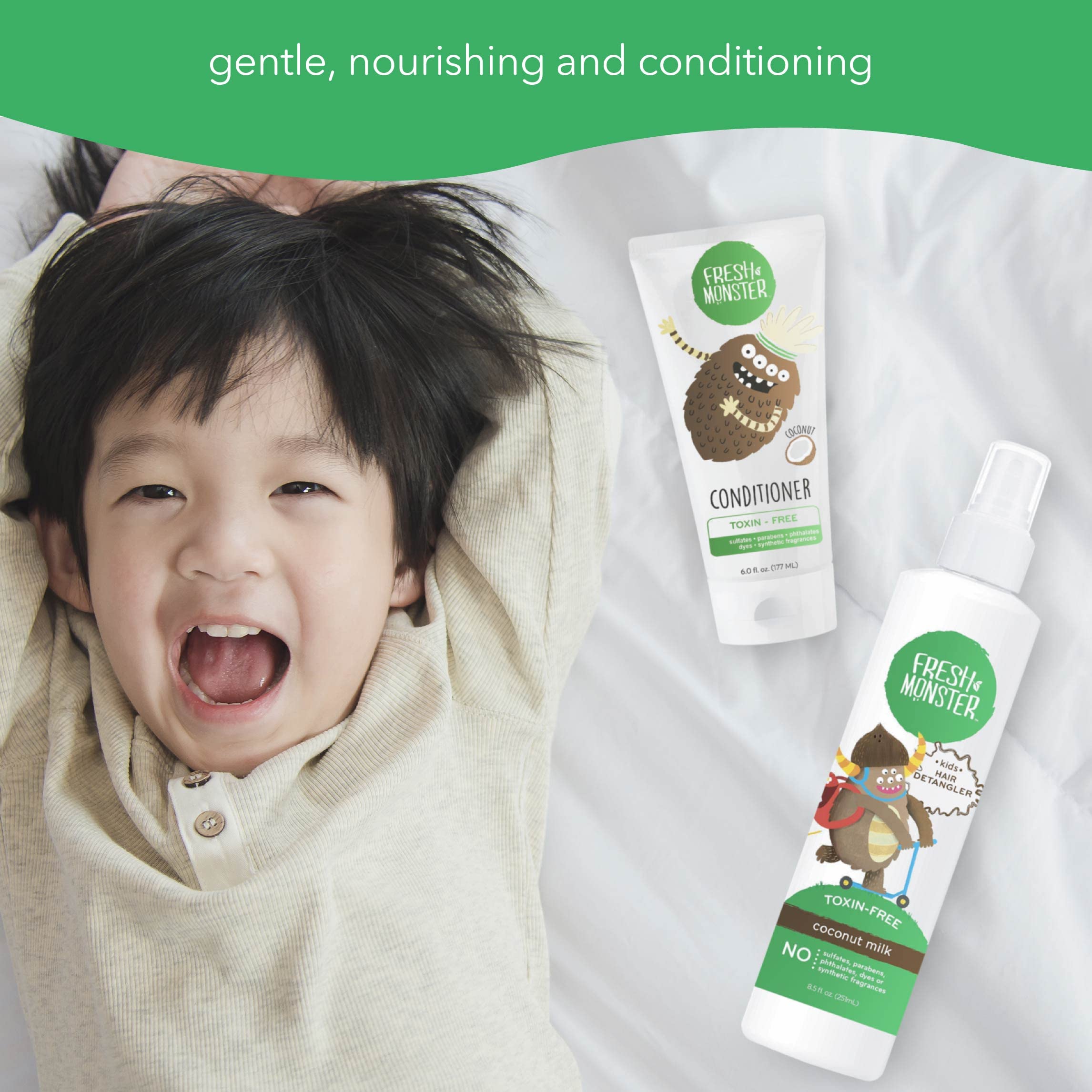 Fresh Monster kids coconut detangler and conditioner bundle with 8.5 oz detangler and 6 oz conditioner, suitable for gentle hair care.